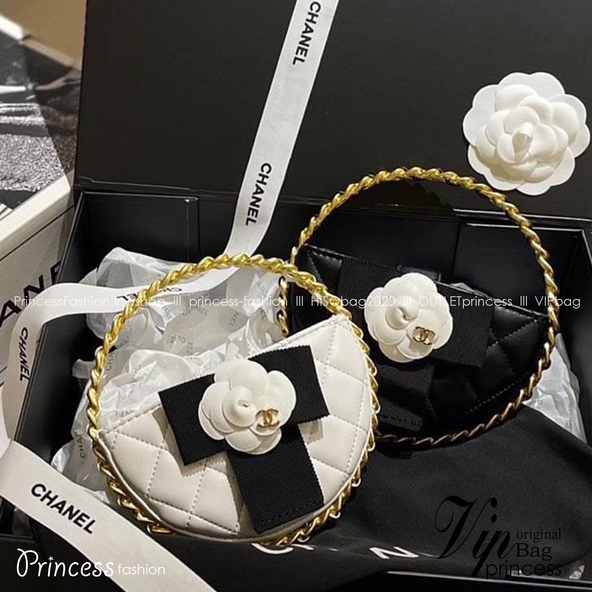 Chanel PouchGold-Tone Metal / CHANEL Quilted Round Camellia Mini Clutch Black กระเป๋าถือหรูหราน่ารัก ประดับดอกคามิเลียเป็นเอกลักษณ์ เกรดไฮเอน 1:1