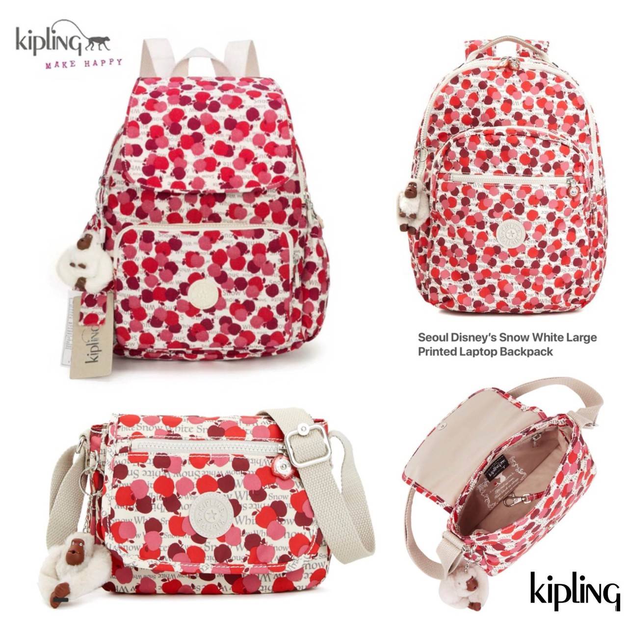 พร้อมส่งความน่ารัก! เซทสุดคุ้ม! ซื้อ1ได้ถึง2ใบ! NEW! KIPLING RAVIER DISNEY’S SNOW WHITE PRINTED BACKPACK WITH PURSE กระเป๋าเป้ Limited คอลเลคชั่น Snow White มาพร้อมกระเป๋าคล้องมือเข้าชุด Rare Items สุดๆ วัสดุ Nylon+Polyester 100% เปิดปิดด้วยฝาปิดกระดุมแม่