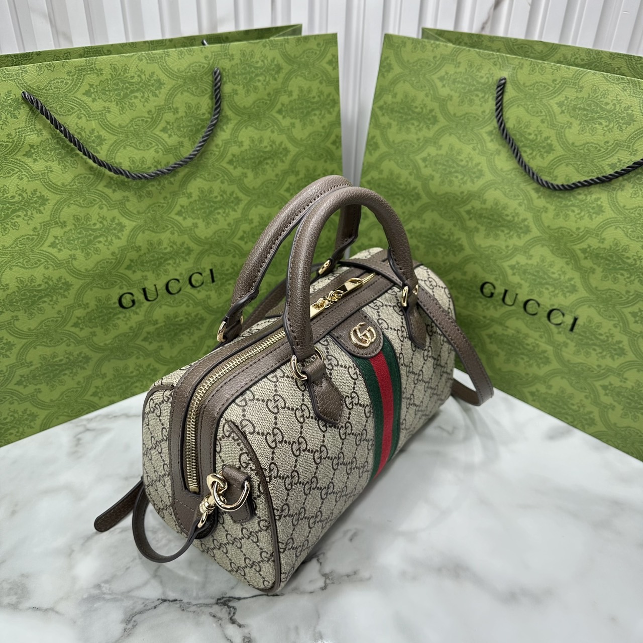 ORI หนังแท้ | Gucci Ophidia boston bag GG Monogram Double G / Gucci Keepall Bag กระเป๋าสะพายทรงหมอนบอสตัน รูปทรงใช้งานง่าย ฟังก์ชั่นการใช้งานที่ได้รับการตีความใหม่