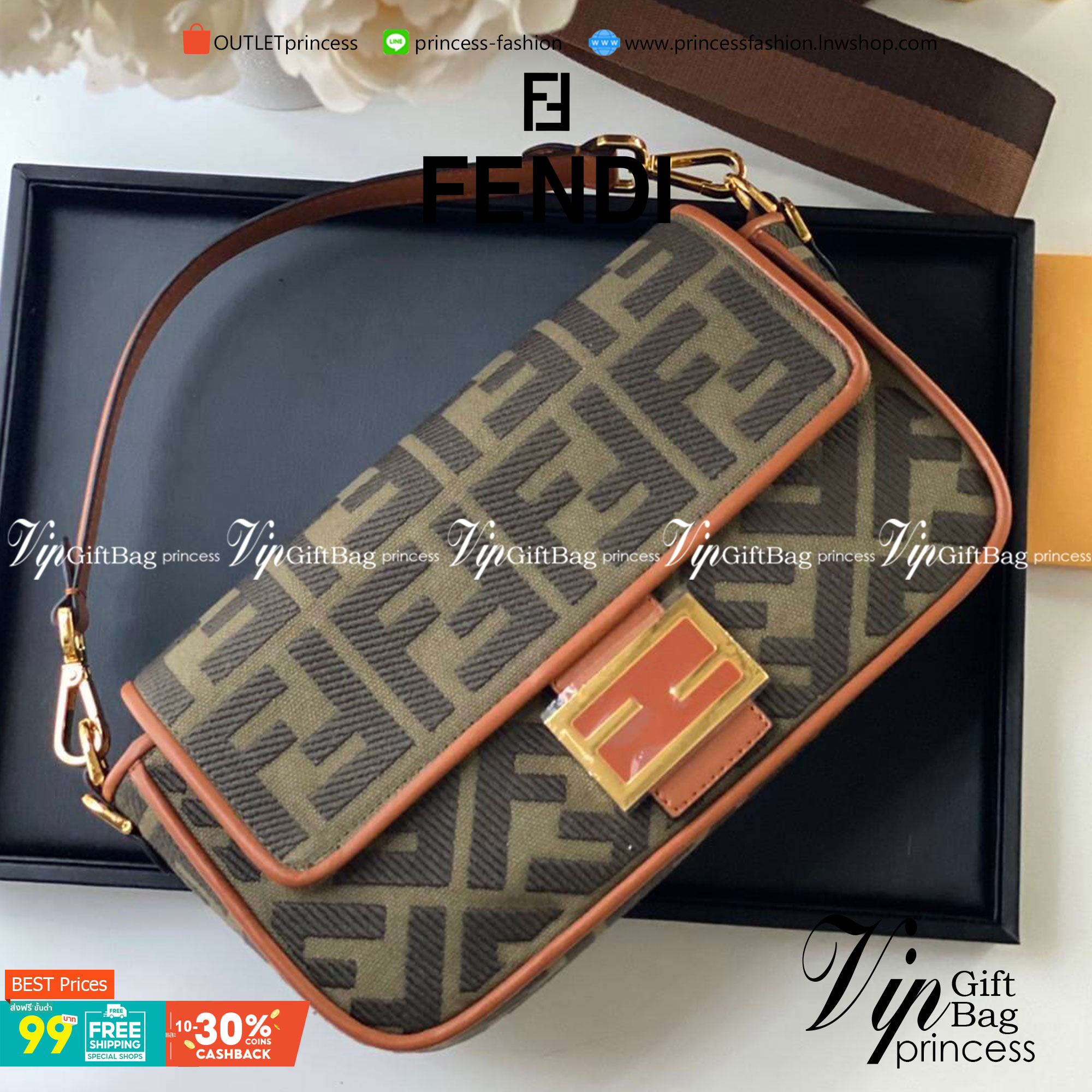 FENDI BAGUETTE BAG roma Lamb skin กระเป๋าสะพายสวยหรู โดดเด่น ดีไซน์ปั๊มโลโก้รอบใบ วัสดุหนังแท้ สลับผ้าแคนวาส มาพร้อมสาย 2 แบบ สำหรับคล้องแขน และสายครอสบอดี้สีทูโทน ภายในเป็นช่องโล่ง ใส่โทรศัพท์ กระเป๋าสตางค์ใบยาวได้สบายๆ ครบเซ็ทพร้อมเสิร์ฟความสวยให้ถึงบ้า