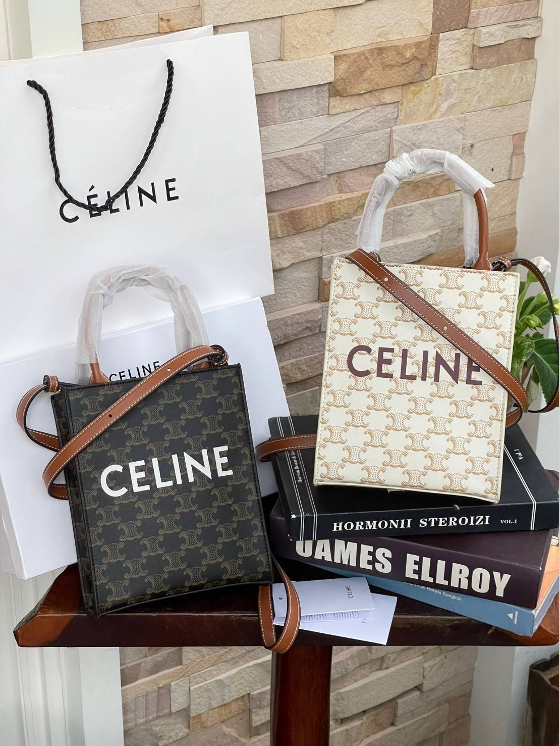CELINE MINI VERTICAL CABAS IN TRIOMPHE CANVAS มีโลโก้ CELINE สกรีนอยู่ตรงกลาง ถือเป็นกระเป๋า Tote ที่ทำจากแคนวาสที่น่าสนใจมาก ๆ อีกรุ่นหนึ่ง และเป็นรุ่นที่ได้รับคำชื่นชมจากแฟชั่นกูรูทั้งหลายอีกด้วย หากใครที่อยากเป็นเจ้าของกระเป๋า Tote จาก CELINE สักใบ รุ่