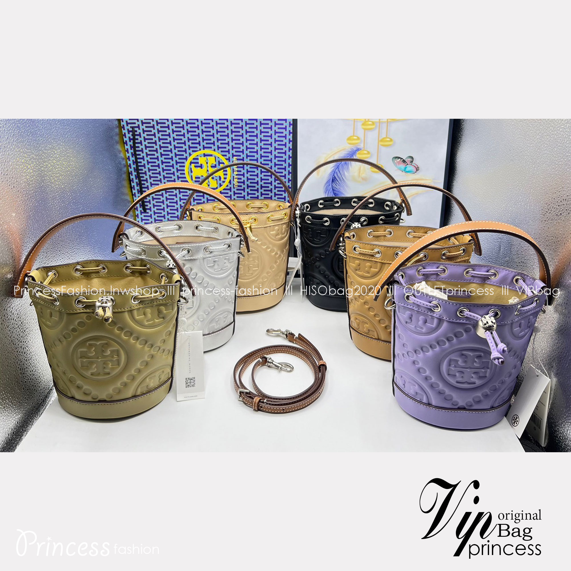 6 สี Tory Burch Puffy Mini / Tory burch T Monogram Puffy Patent Mini Bucket Bag / Tory Bucket Bag กระเป๋าบัคเกต size เล็ก โดดเด่นด้วยโลโก้ตัวนูนปั๊มด้านหน้า