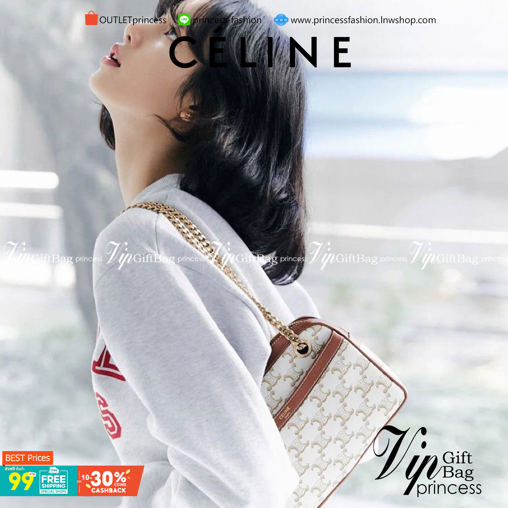 VIP GIFT 】หนังแท้ CELINE SMALL PATAPANS IN TRIOMPHE CANVAS AND CALFSKIN ดีไซน์สวยหรูฮิตสุดในเกาหลี! หนังสวยอยู่ทรง เปิดปิดด้วยซิปแบรนด์สีทอง ภายในโล่งกว้างและจุสามารถใส่มือถือ กระเป๋าสตางค์ ของใช้ได้เยอะ สายสะพายโซ่อะไหล่ทองหรูเลื่อนได้จะใช้สายคู่สะพายไหบ