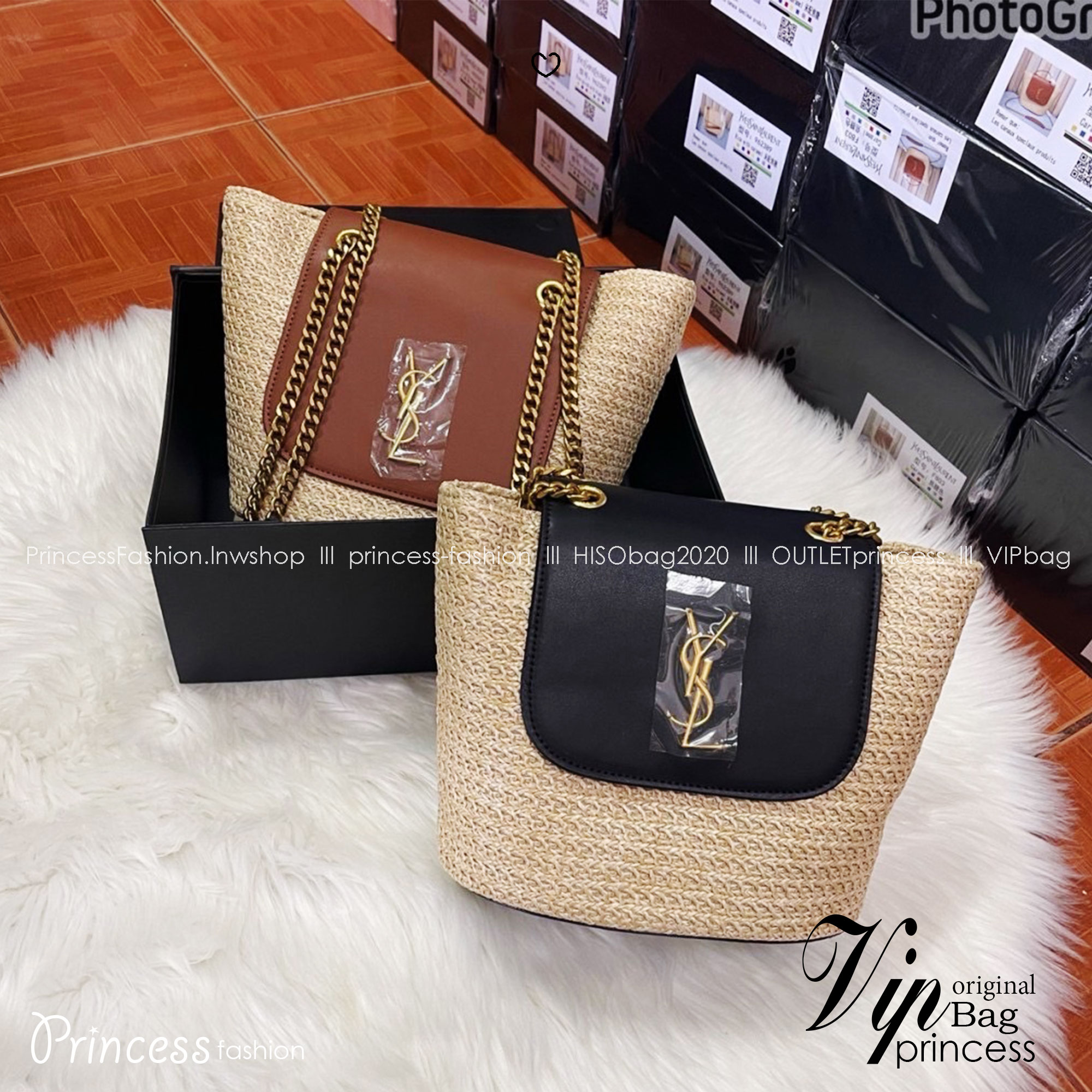 YSL Mini Manon in raffia Shoulder Bag / YSL Bucket Bag กระเป๋าดีไซส์สานทันสมัย เรียบหรู อะไหล่ทองสวยคลาสสิก