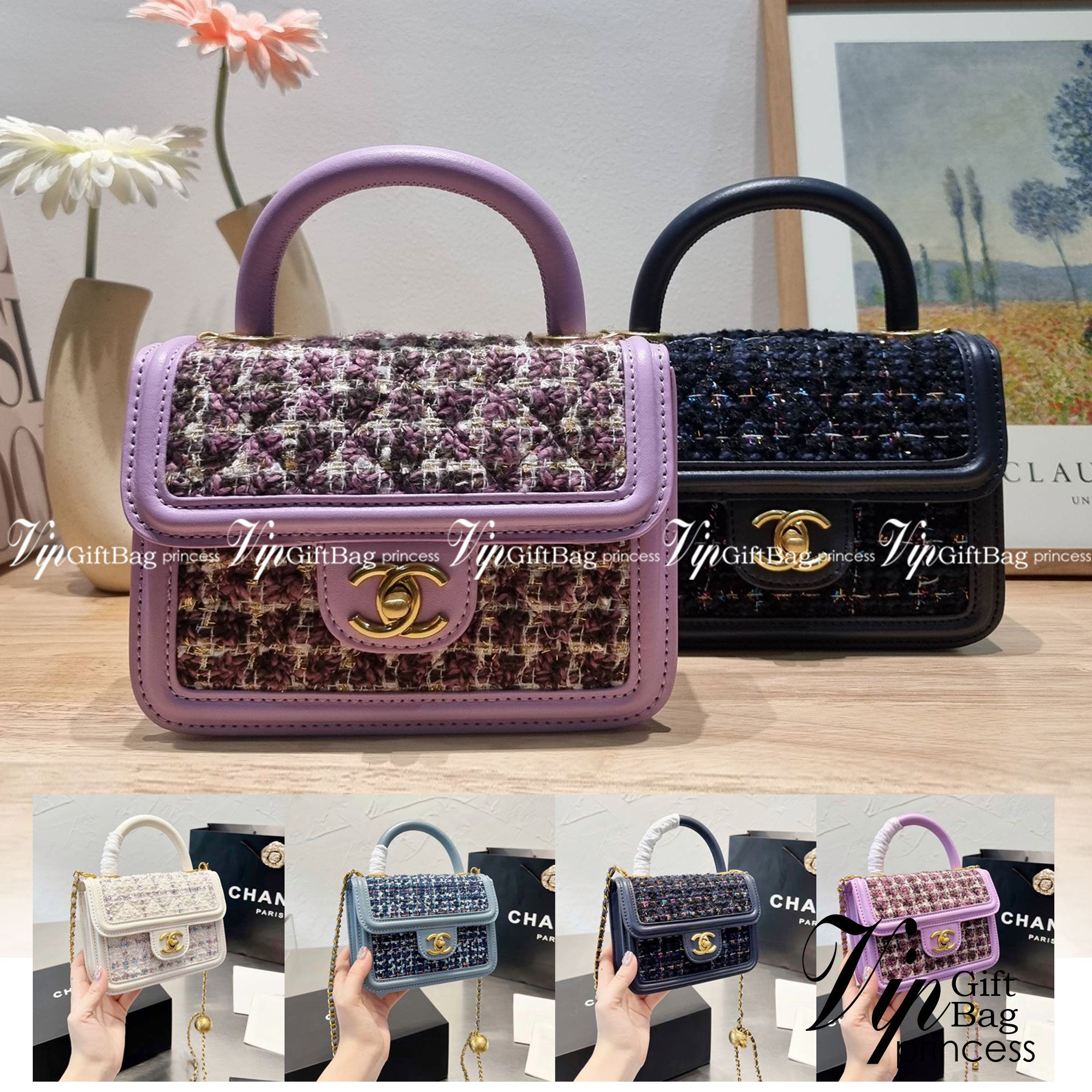 Chanel tweed mini flap bag / Chanel mini top handle กระเป๋าสะพายงานผ้าทวิตเอกลักษณ์เฉพาะของแบรนด์ งานสวยเป๊ะ มาพร้อมสายยาวถอดออกถือสวยๆเริ่ดๆ คิวท์มาก!! ดีเทลน่ารักเพียบ!!