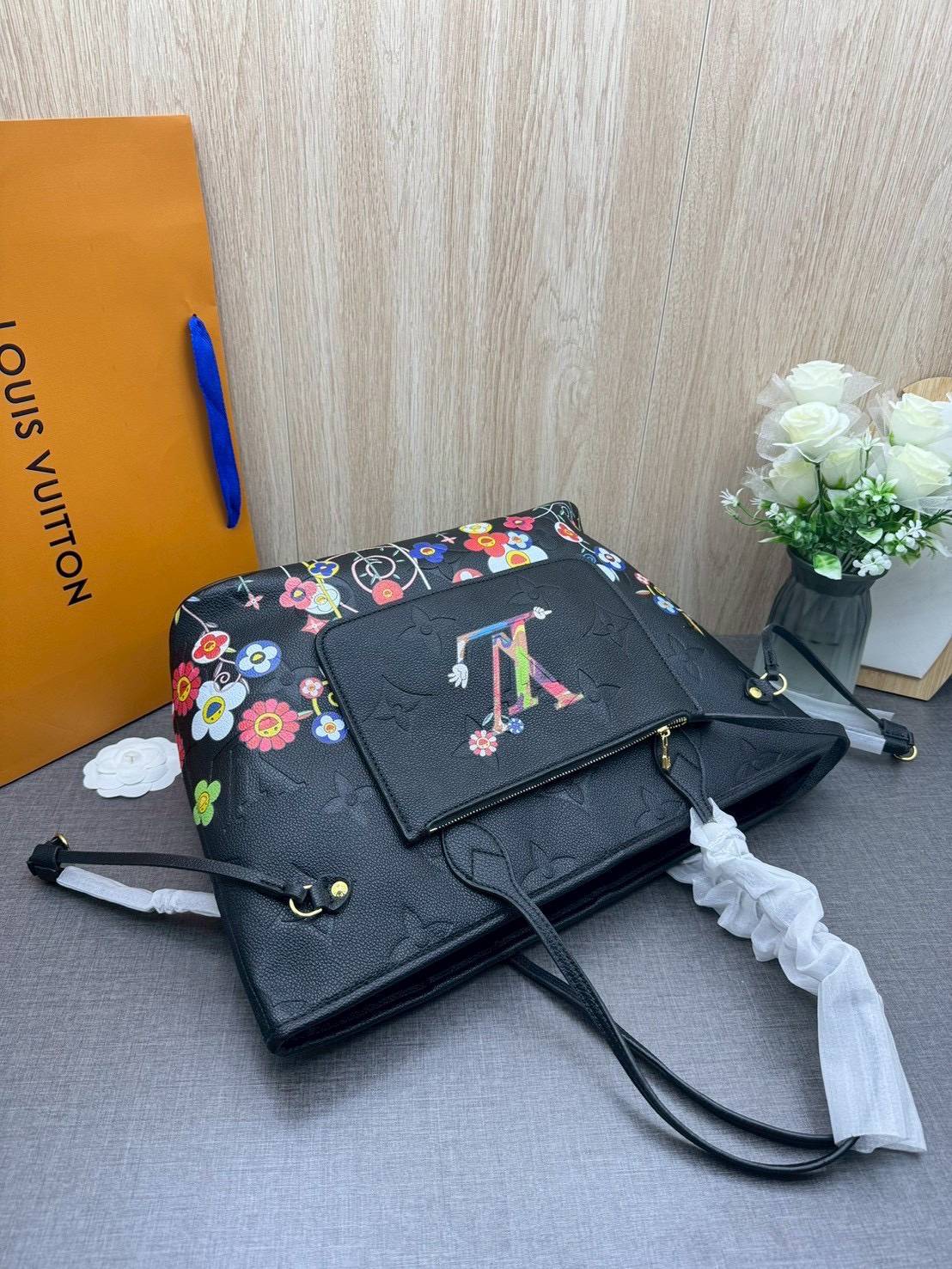 ORI หนังแท้ | LV x TM Neverfull MM Monogram Flower motifs colorful Black / LV Tote Bag กระเป๋าสะพายทรงโท้ทใบใหญ่ ลายดอกไม้หลากสีสดใส