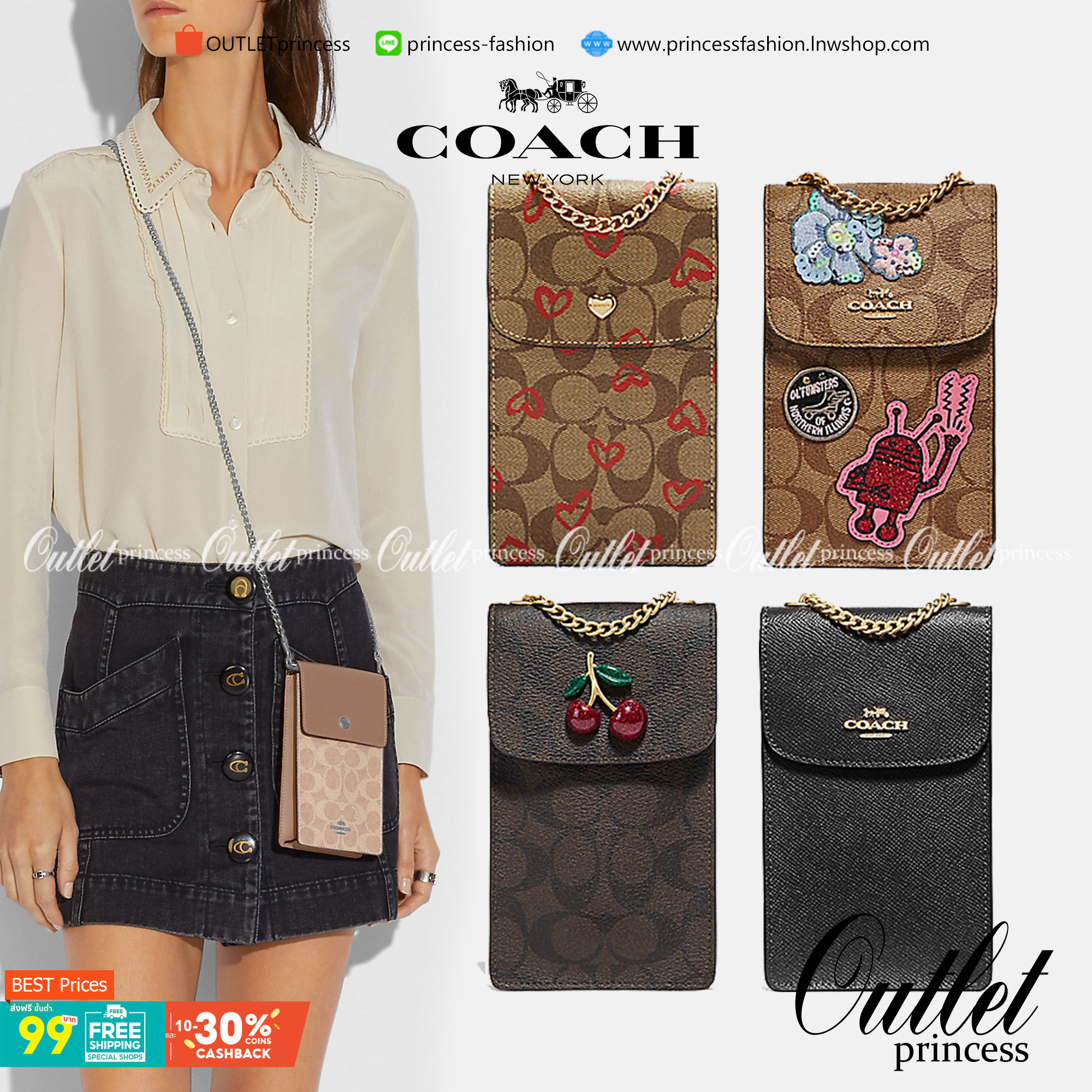 COACH PHONE CASE CROSSBODY BAG ((73486//76988//76357//39955//91046)) COACH NORTH/SOUTH CROSSBODY IN SIGNATURE CANVAS กระเป๋าใส่โทรศัพท์รุ่นนี้ มีความโดดเด่นทั้งดีไซน์และคุณสมบัติในการใช้งาน ด้วยลวดลายที่มีซิกเนเจอร์เป็นเอกลักษณ์แล้ว ด้านหลังยังมีช่องใส่กา