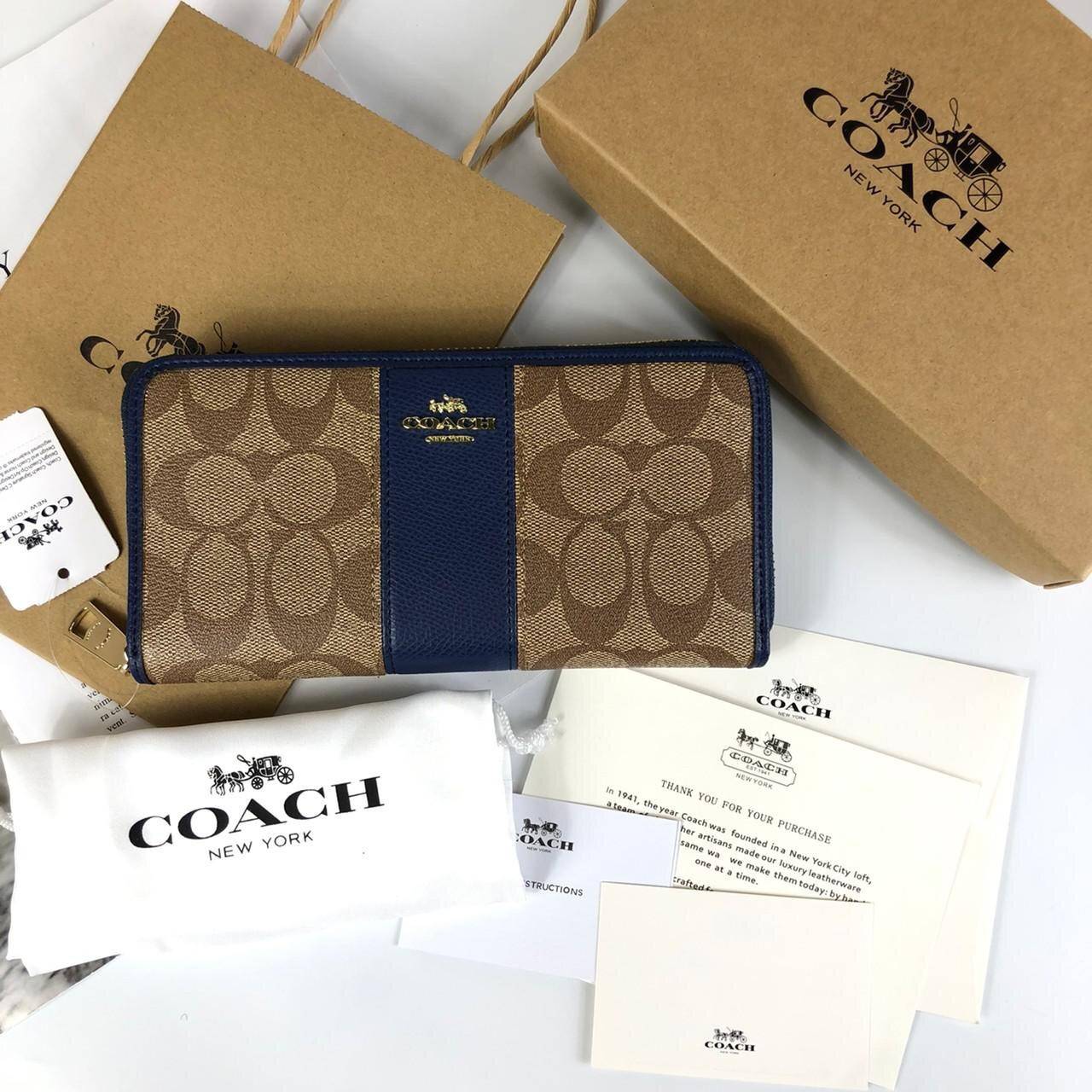 ของแท้ COACH Accordion Zip Wallet in Signature Coated Canvas with Leather กระเป๋าสตางค์ใบยาว เปิด-ปิดกระเป๋าด้วยซิปรอบ