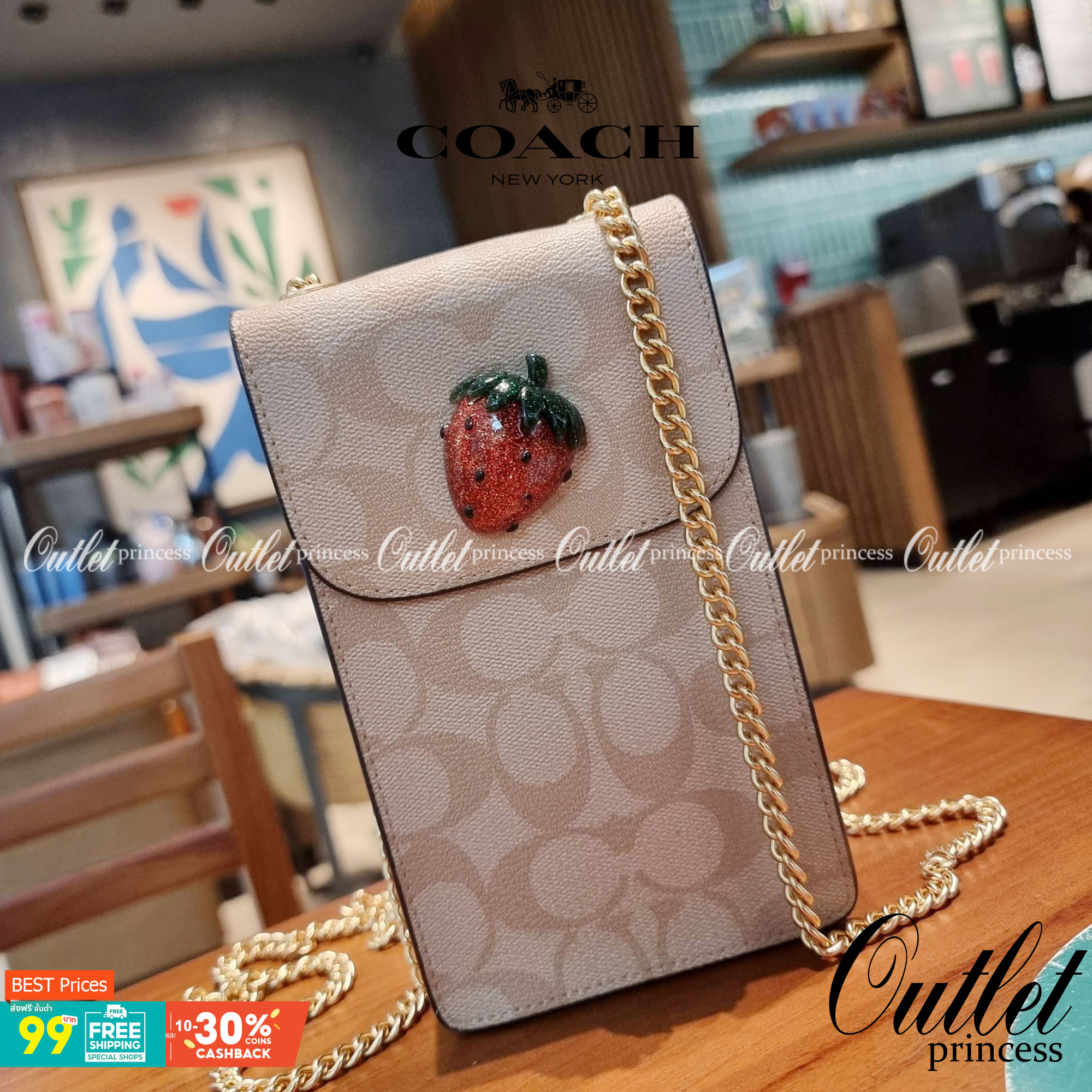 COACH F73486 NORTH/SOUTH PHONE CROSSBODY IN SIGNATURE CANVAS WITH FRUIT 🍒🍓🍋 แจกความสดใสกันอีกครั้ง!! กับกระเป๋าสะพายเอนกประสงค์ Case phone ใส่โทรศัพท์มือถือได้ทุกรุ่น ดีไซน์ลายผลไม้ฉ่ำๆ สวยมีเสน่ห์ 💖 วัสดุหนังแคนวาสคุณภาพ ฝ