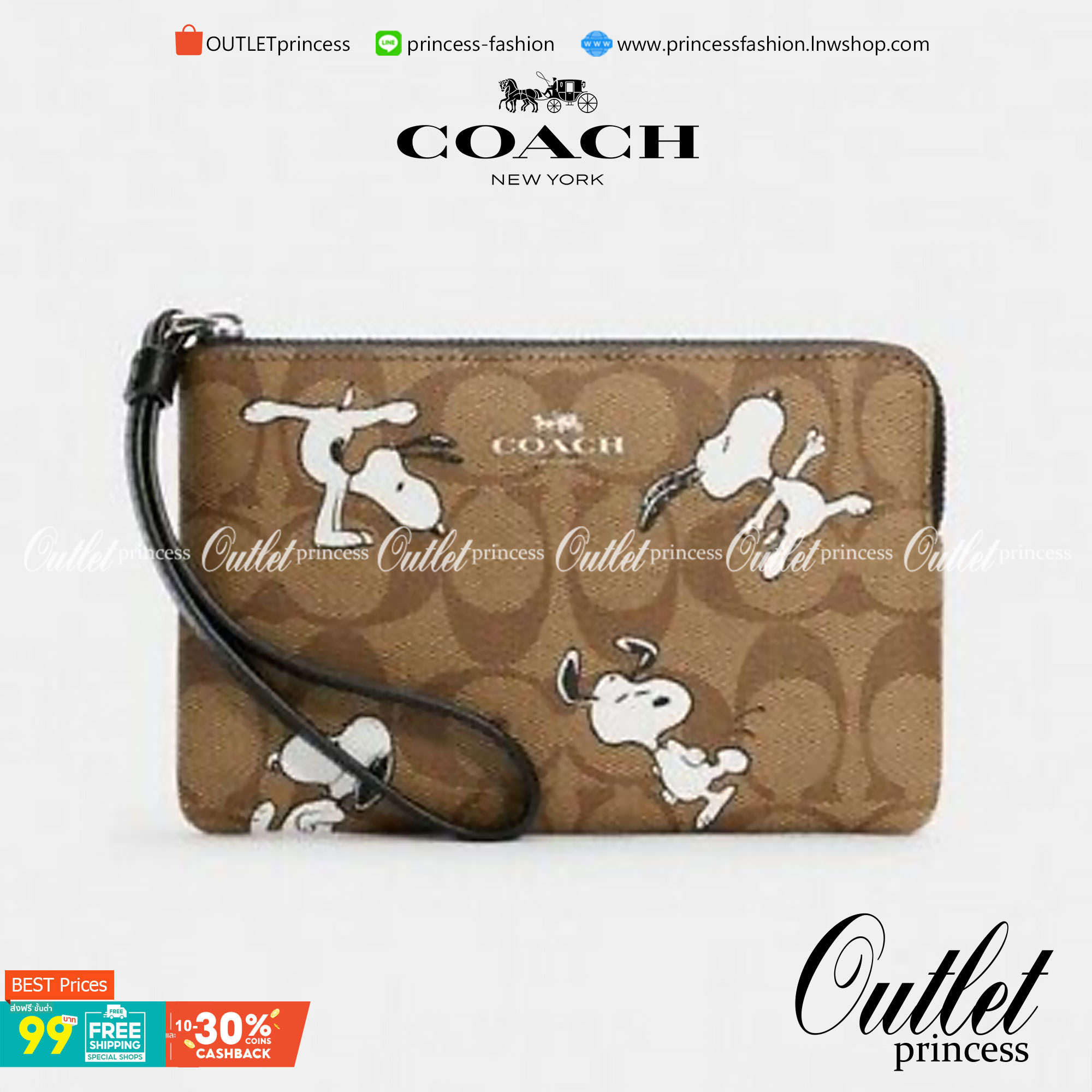COACH C4589 COACH x PEANUTS CORNER ZIP WRISTLET IN SIGNATURE CANVAS WITH SNOOPY PRINT เหล่าผองเพื่อนและสนูปพีมาแล้วจ้า คอลเลคชั่นสุดน่ารักที่ฮอตไม่มีตก กระเป๋าคล้องมือ ขนาดเหมาะพกพากำลังเหมาะ วัสดุหนังแคนวาสเคลือบลาย ภายในเป็นช่องโล่ง ใส่ธนบัตร หรือใส่บัต