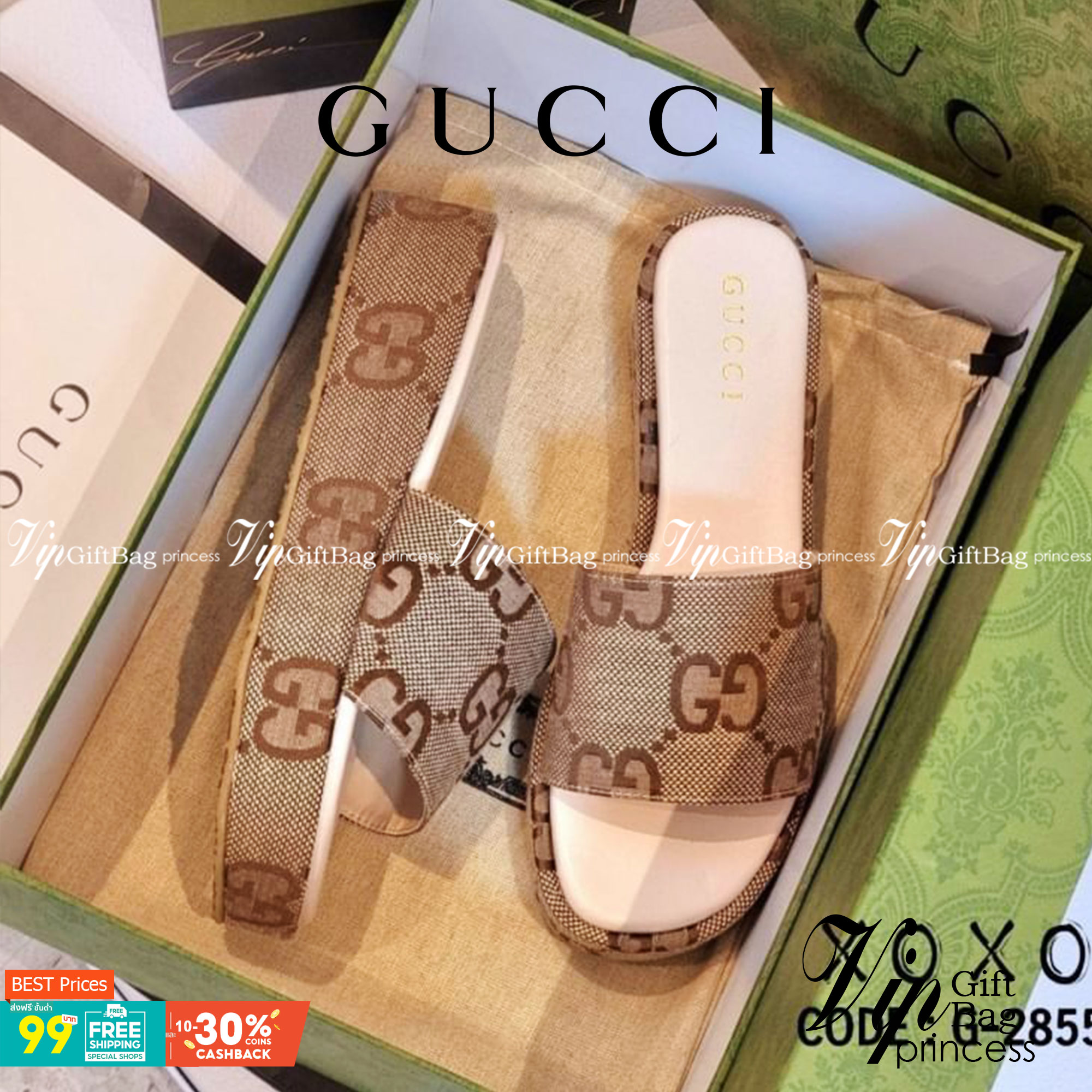 Gucci Sandals แตะสวม ส้นเสมอ ใส่สบายมาก น้ำหนักเบา หนังลายแบรนด์ แมทส์ชุดง่าย สวย หรู