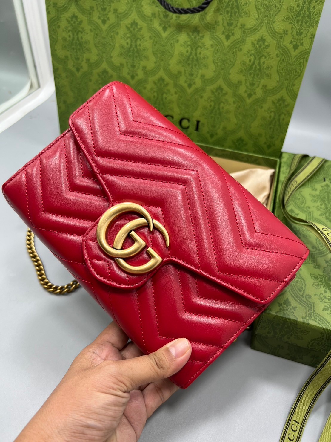 GUCCI GG Marmont Chain Wallet Matelasse Mini Soft Leather / GUCCI WOC เกรดออรินอล งานหนังสวยมากค่ะ ละมุนที่สุด ใส่บัตร ใส่แบงค์ได้ รับรองว่าจะเป็นกระเป๋าที่จะหยิบใช้งานได้บ่อยๆ รับประกันความสวยปังค่าาา