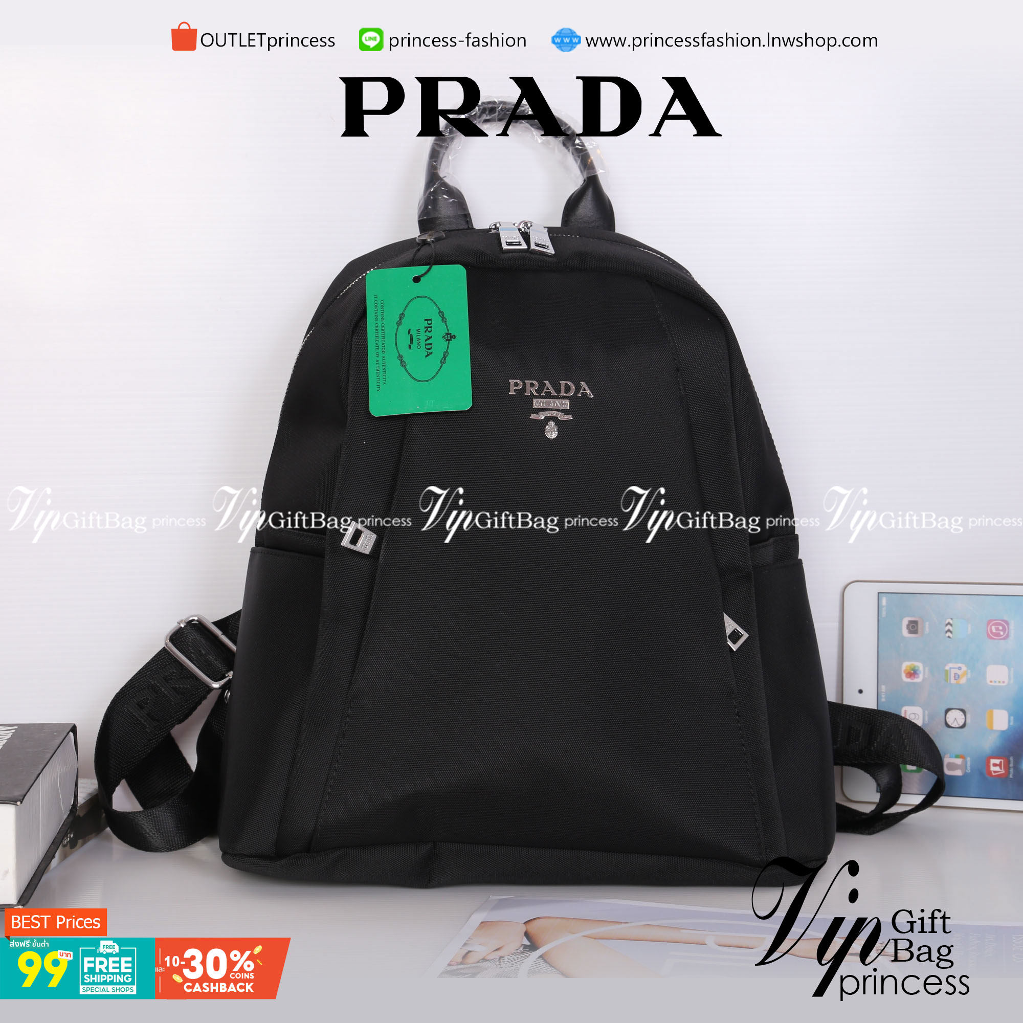 PRADA NYLON BACKPACK กระเป๋าเป้ Limited edition VIP Gift With Purchase (GWP) จากเคาน์เตอร์แบรนด์วัสดุ Nylon&Polyester เนื้อหนาคุณภาพดี น้ำหนักเบา ด้านหน้าประดับโลโก้แบรนด์ เปิดปิดด้วยซิป หูจับคุณภาพดีแข็งแรง สายสะพายหลังลายแบรนด์เลื่อนปรับได้ ด้านในโล่งกว