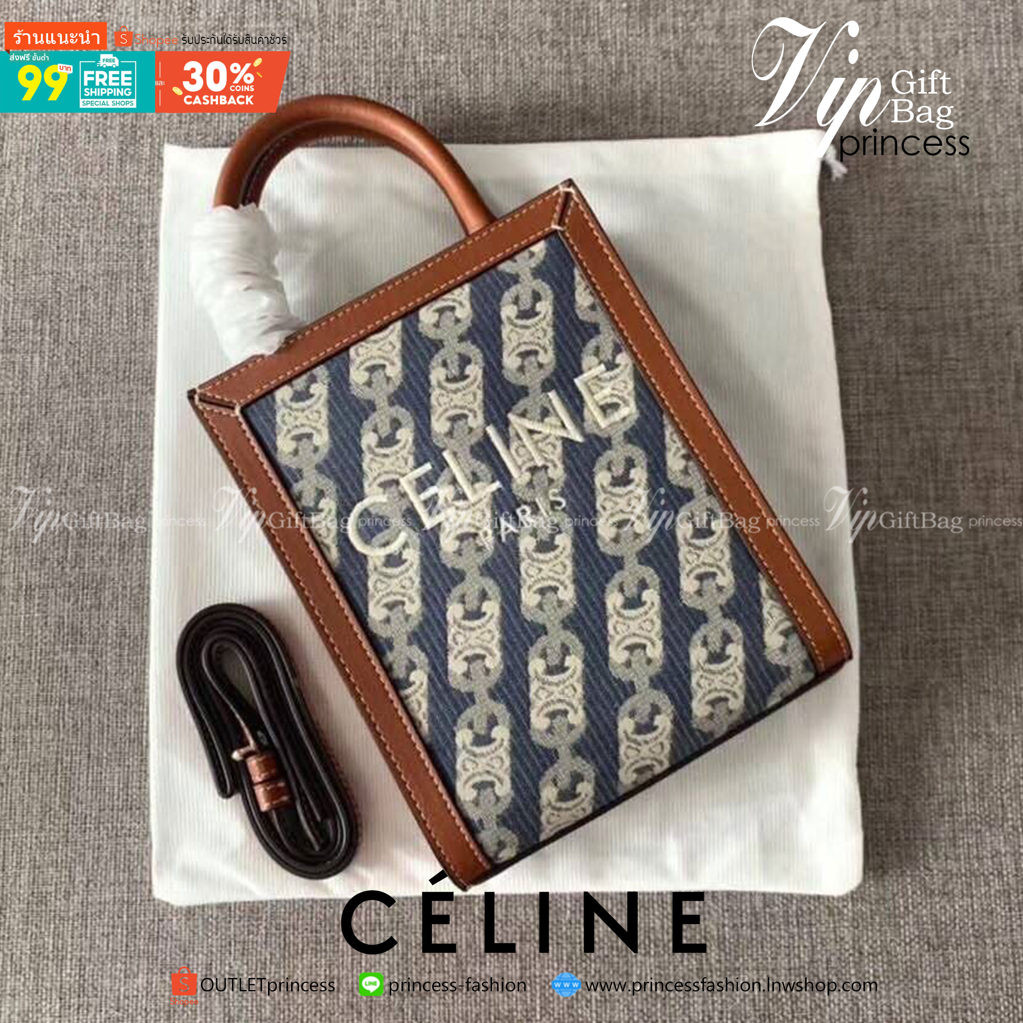 พรีเมี่ยมกิ๊ฟแท้ 100% 】พร้อมส่งที่ไทย!! ที่นี่ที่เดียว CELINE MINI VERTICAL CABAS IN MALLON TRIOMPHE JACQUARD AND CALFSKIN TOTE BAG งานหนังแท้