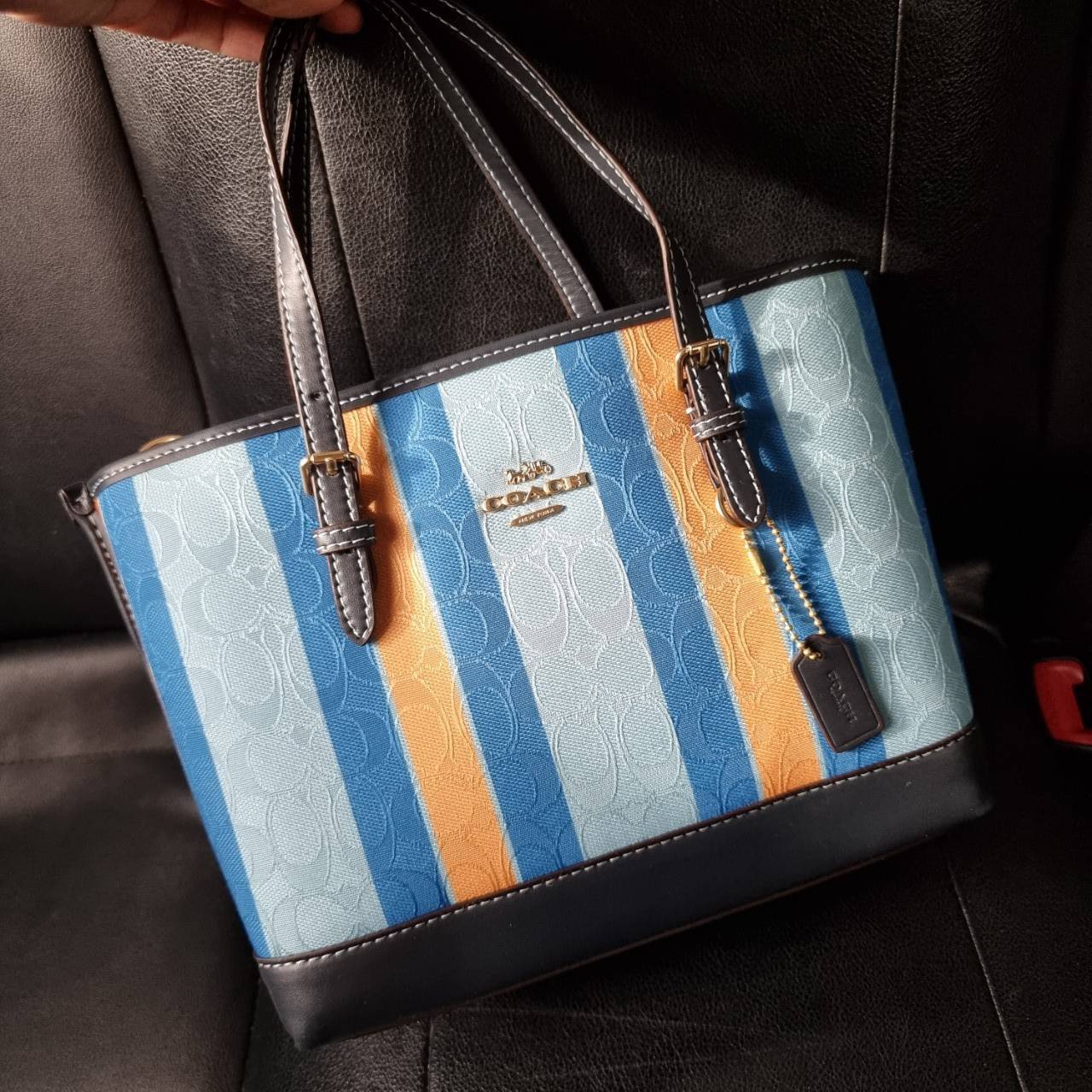 COACH C4086 MOLLIE TOTE 25 IN SIGNATURE JACQUARD WITH STRIPES แจกความสดใสด้วยลุคคัลเลอร์ฟูล กระเป๋าทรงโท้ท มินิไซส์ ตกแต่งลายเอกลักษณ์ถักทออยู่บนผ้า jacquard ตัดกับลายเส้นสีสันสวยงาม ลงตัวไม่ซ้ำใคร ภายในเป็นช่องโล่ง มีช่องซิปกลางใส่ของได้ ขนาดกำลังดีแบบใส