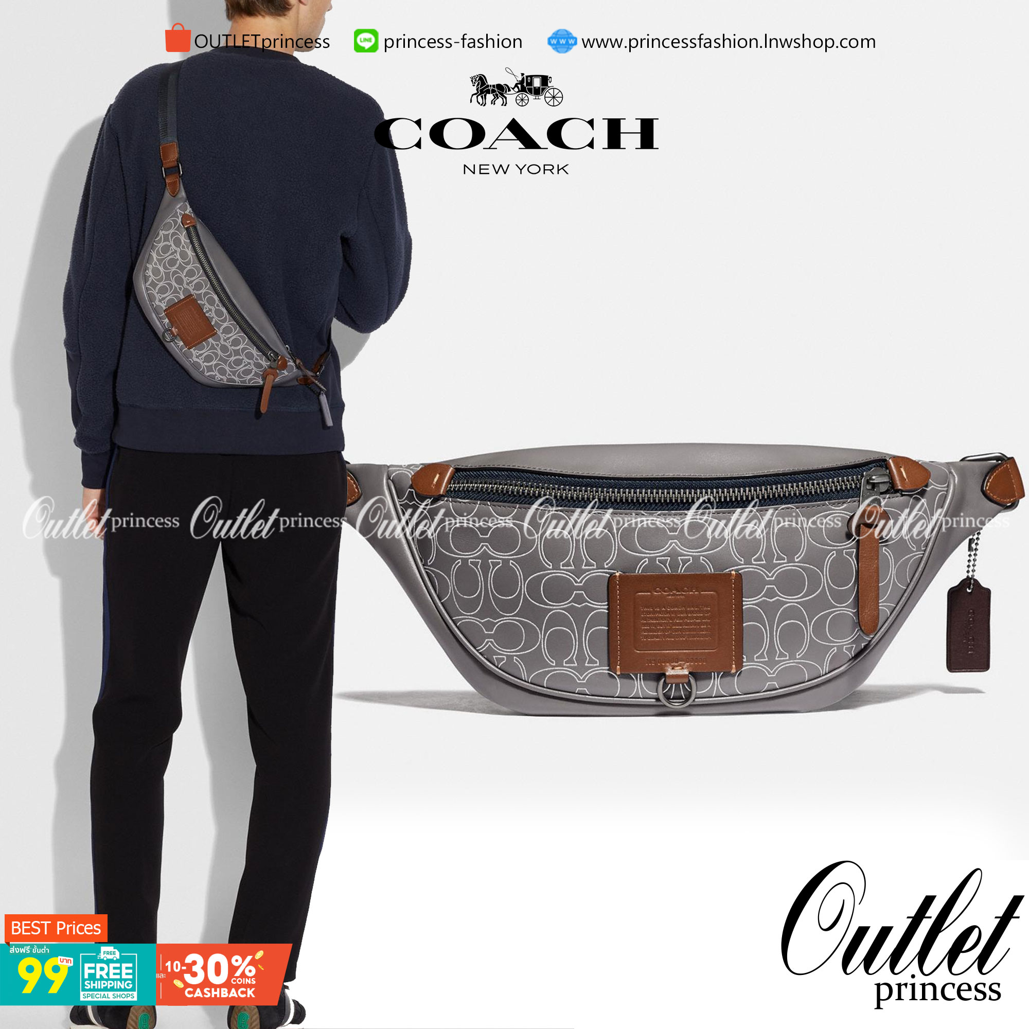 OUTTLET 】COACH RIVINGTON BELT BAG IN REFLECTIVE SIGNATURE LEATHER (78899)