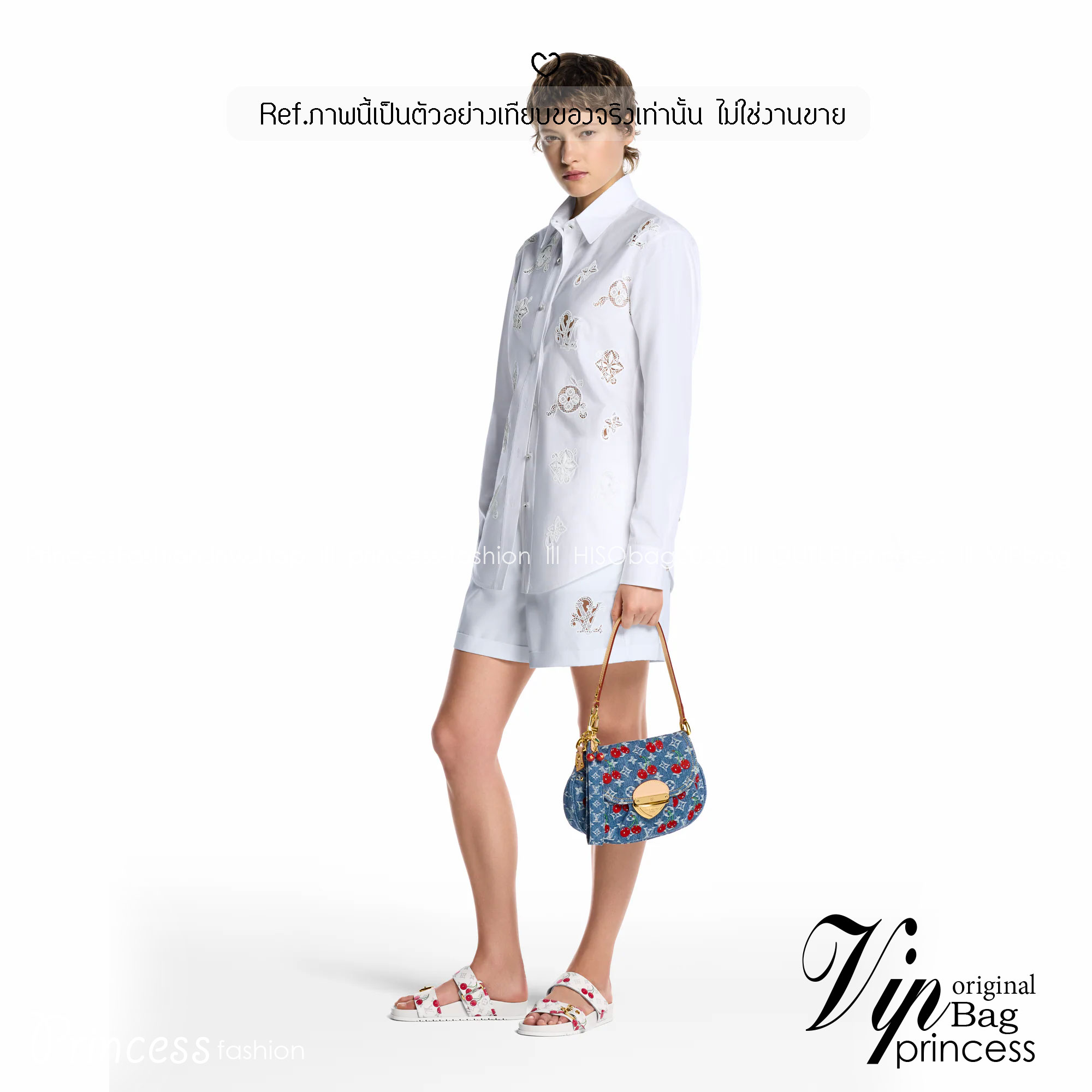 LV x TM Sunset bag Monogram cherry denim 25cm กระเป๋าสะพายไหล่ทรง baguette สวยดูแพง ไอเท็มสุดโดดเด่นมีชีวิตชีวา ด้วยเดนิมวินเทจปักลายเชอร์รี่สีสันสดใสสะดุดตาสะท้อนสไตล์ไอคอนิก