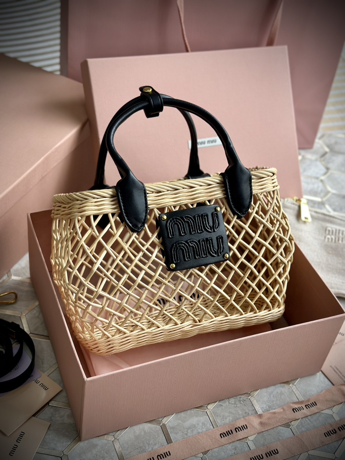 Miu Miu Woven fabric handbag with leather trim กระเป๋าสานดีไซส์ย้อนยุค