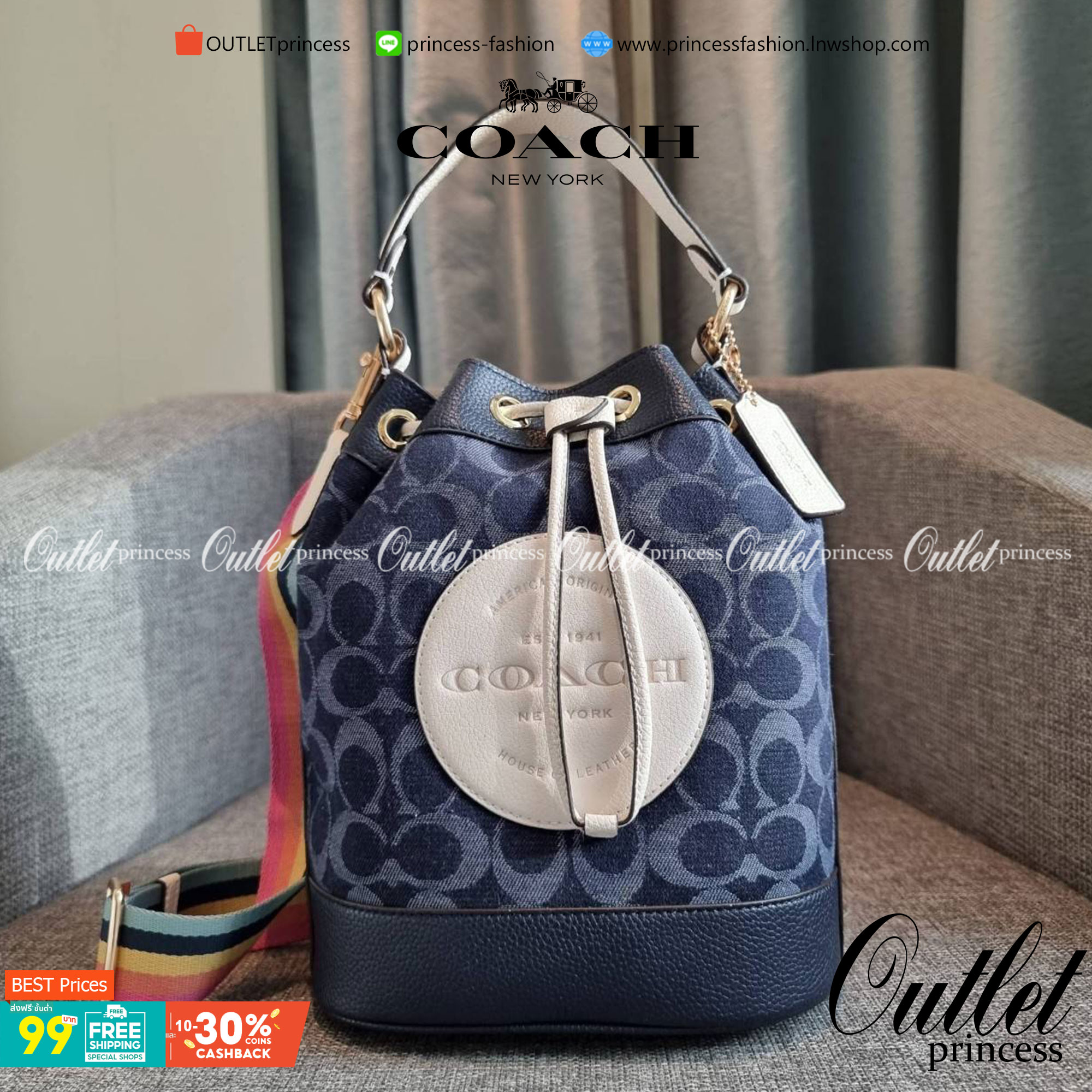 OUTLET 】COACH DEMPSEY DRAWSTRING BUCKET BAG IN SIGNATURE JACQUARD WITH STRIPE AND COACH PATCH C4101 C4102 พี่สาวใบใหญ่สุดสวยมาแล้วจ้า!! กระเป๋าทรงถังไซส์ใหญ่ ที่สาวๆรอคอย ใช้งานง่ายด้วยการรูดหนังปิดรอบปากกระเป๋า ทุกอย่างลงตัวที่สุด!! โดดเด่นด้วยลวดลายสีสั