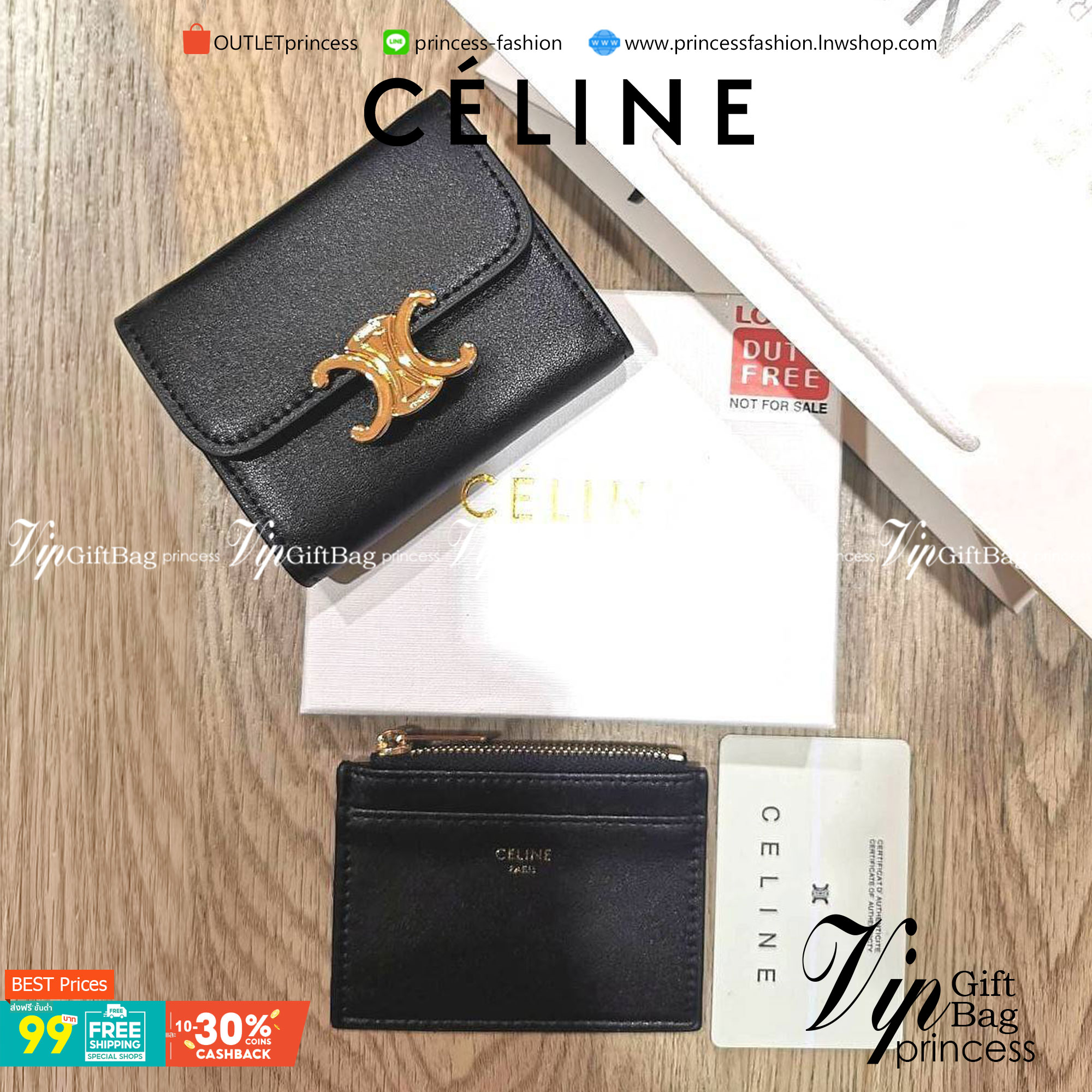 VIP 】CELINE SHORT WALLET VIP GIFT WITH PURCHASE GWP พรีเมี่ยมกิ๊ฟ Limited จาก CELINE HAUTE PARFUME DUTYFREE COUNTER วัสดุ Triomphe Canvas รุ่นใหม่เปิดปิดฝาพับกระดุม ภายในมีช่องแบ่งหลายช่อง ช่องใส่บัตรหลายช่อง ช่องใส่ธนบัตรใส่แบงก์พันได้เหมือนกระเป๋าสตางค์