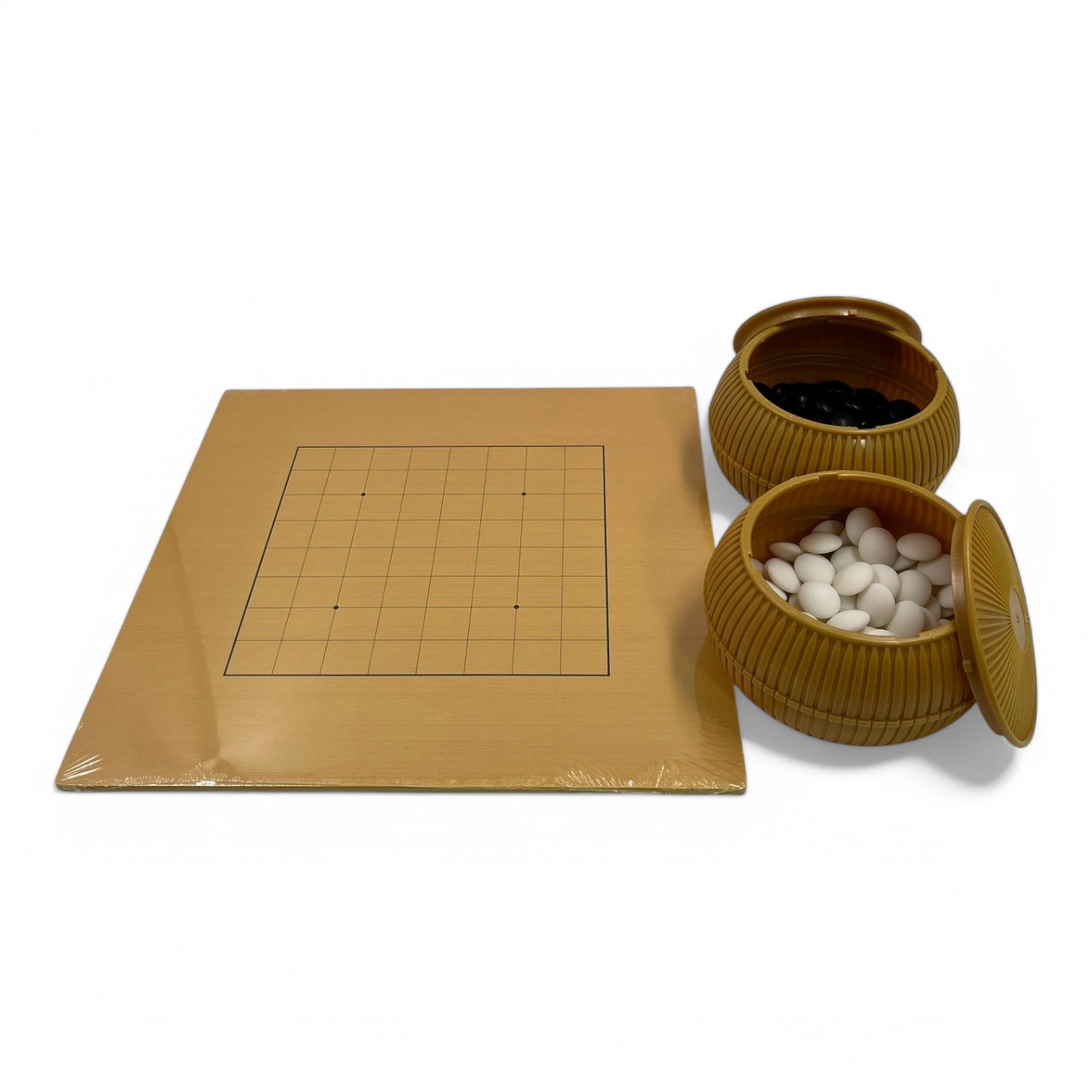 ชุดกระดานหมากล้อมไม้บาง0.5cm 9และ13าส้น.พร้อมเม็ดหมากเมลามีนนูนสองด้านฝั่งละ90เม็ดพร้อมโถลายจักรสาน