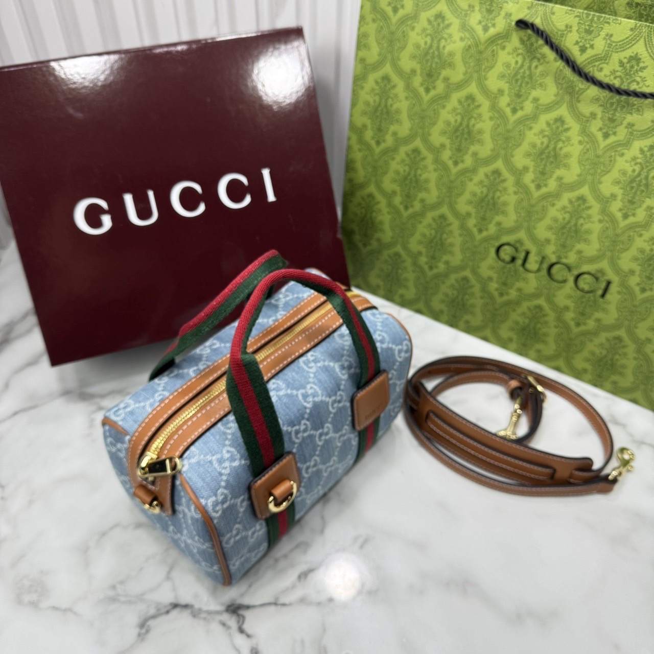 ORI หนังแท้ | Gucci Mini GG handbag denim กระเป๋าสะพายทรงหมอนไซส์มินิ คอลใหม่ดีไซน์เดนิมสวยมาก ตีความรูปทรงกระเป๋าบอสตันโฉมใหม่