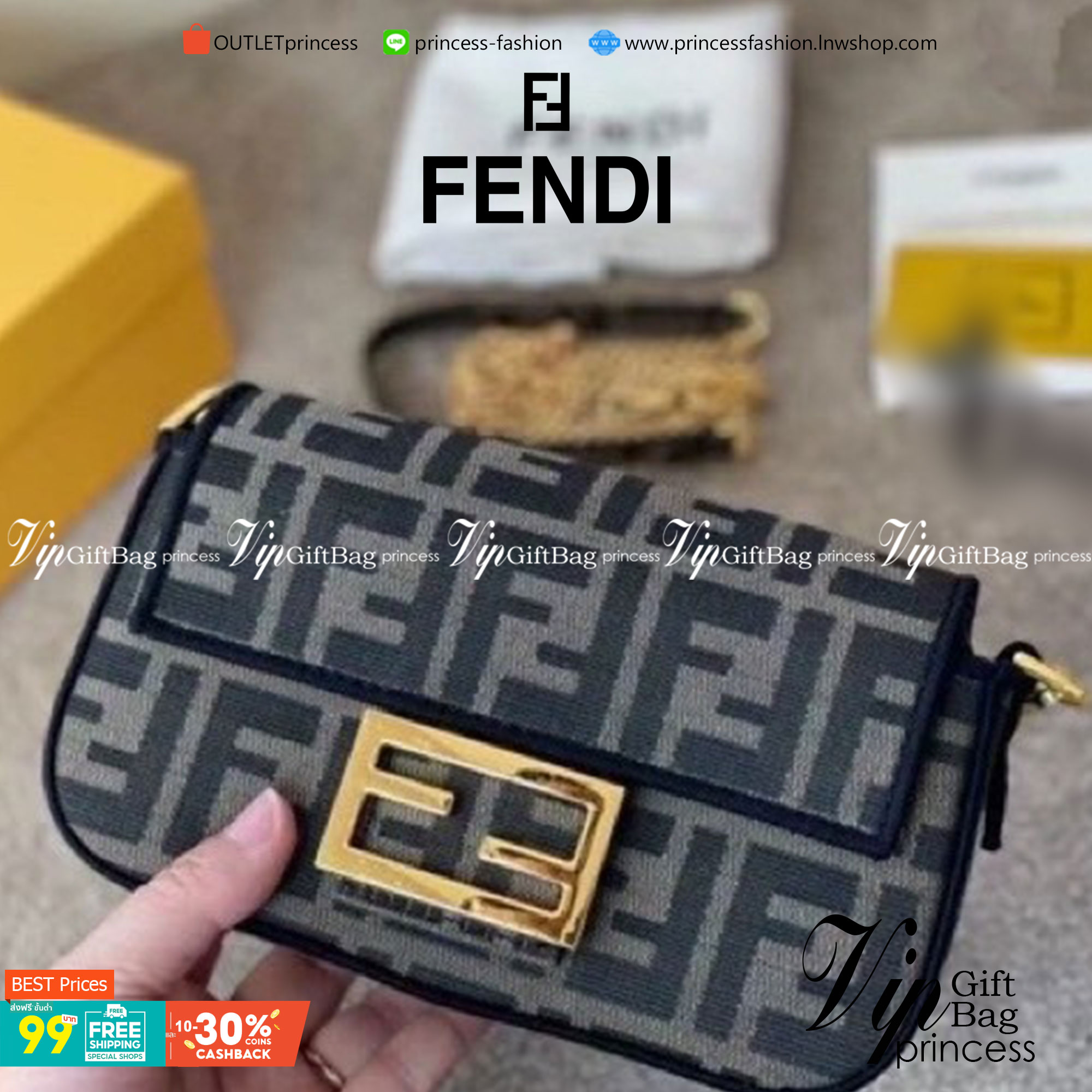 VIP 】FENDI VINTAGE BAGUETTE SHOULDER BAG 2size กระเป๋าสะพายทอลายโมโนแกรม อะไหล่ทองหรูหรา มี 2 ขนาด ทนทาน มาพร้อมสาย 2 แบบ สำหรับคล้องแขน และสายครอสบอดี้ เปิด-ปิดด้วยกระดุมแม่เหล็ก ภายในเป็นช่องโล่ง ใส่โทรศัพท์ พร้อมเสิร์ฟความสวยให้ถึงบ้านจ้า วัสดุผ้าทอลาย