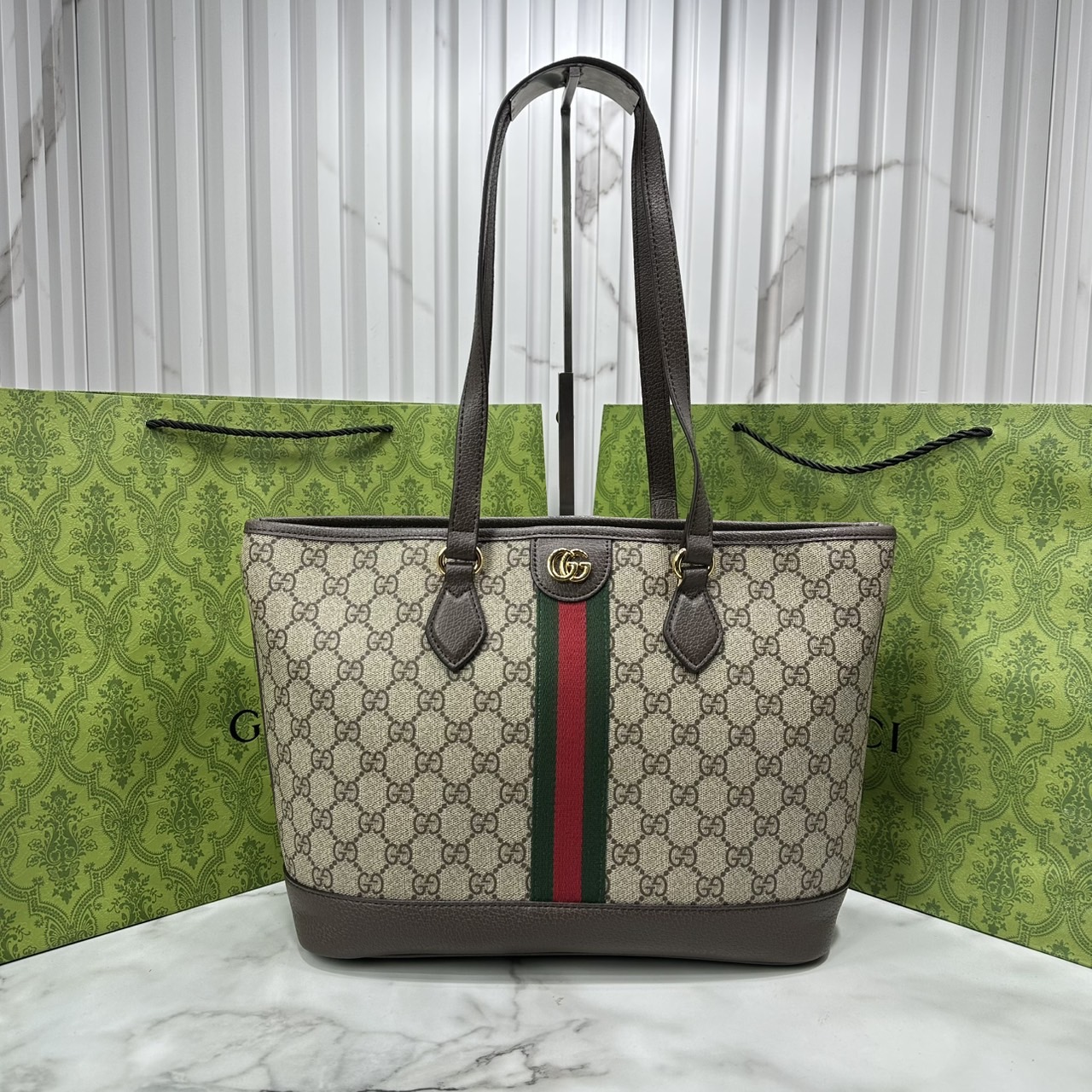 ORI หนังแท้ | Gucci Ophidia medium tote bag GG Monogram Double G / Gucci Tote Bag กระเป๋าสะพายทรงโท้ทใบใหญ่ ภายในโล่งกว้างจุของได้เยอะ