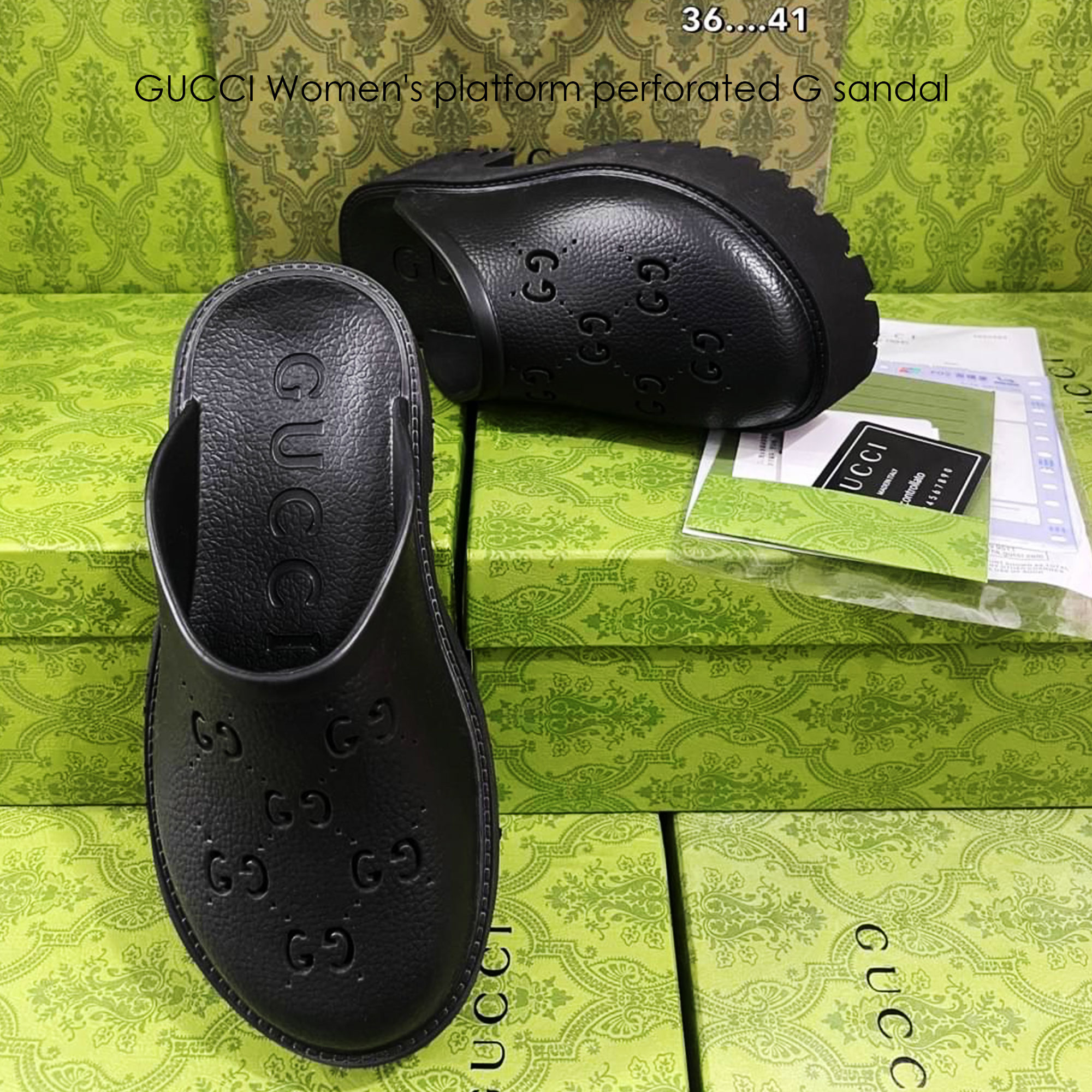 GUCCI Women's platform perforated G sandal รองเท้าแตะกุชชี่พื้นหนา 5cm รุ่นยอดนิยม ยางคุณภาพฉลุลาย GG ยางมีความยืดหยุ่นเนื้อนิ่มไม่แข็งกระด้าง