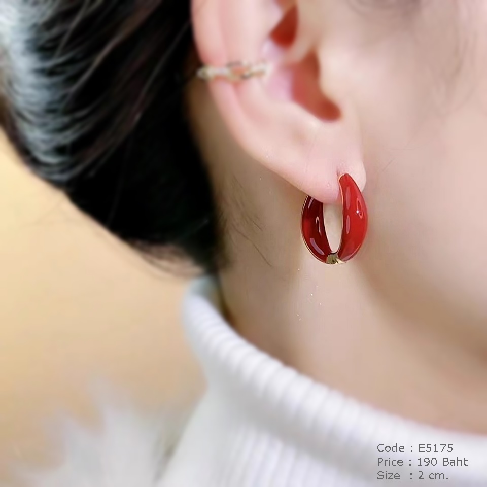 ต่างหูห่วงทอง เคลือบอินาเมลสีแดงเลือดนก