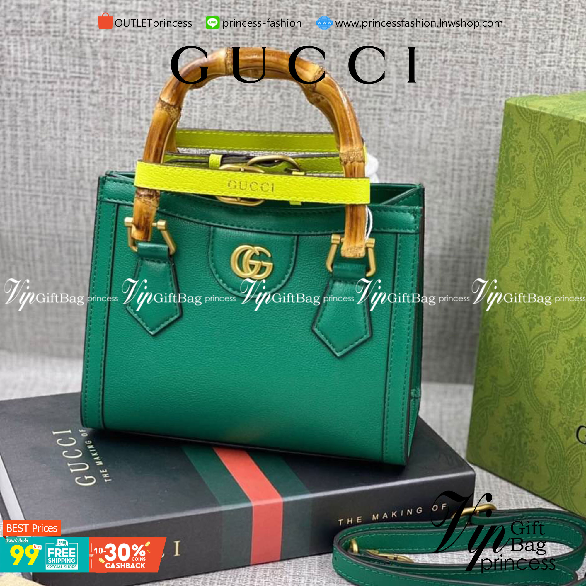 VIP GIFT 】หนังแท้ GUCCI Diana mini tote bag กระเป๋างานหูไม้ไผ่สุดคลาสสิก ดีไซน์มาใหม่พร้อมเข็ดขัดหนังสีสะท้อนแสงประดับตรงหูกระเป๋า ขนาดมินิกำลังน่ารักเลยค่ะ วัสดุหนังแท้ อะไหล่ทอง งานสวยตั้งอยู่ทรง มีสายสะพายยาว 1เส้น สามารถปรับระดับได้-ถอดได้ งานเก๋ไก๋ที