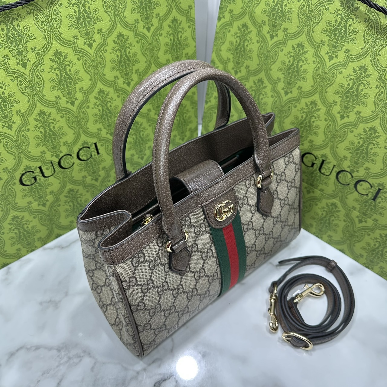 ORI หนังแท้ | Gucci Ophidia small tote bag Monogram Double G / Gucci Tote Bag กระเป๋าสะพายทรงโท้ทใบเล็ก คอลเล็กชั่น Ophidia ไฮไลท์รูปทรงและฟังก์ชั่นการใช้งานที่ได้รับการตีความใหม่