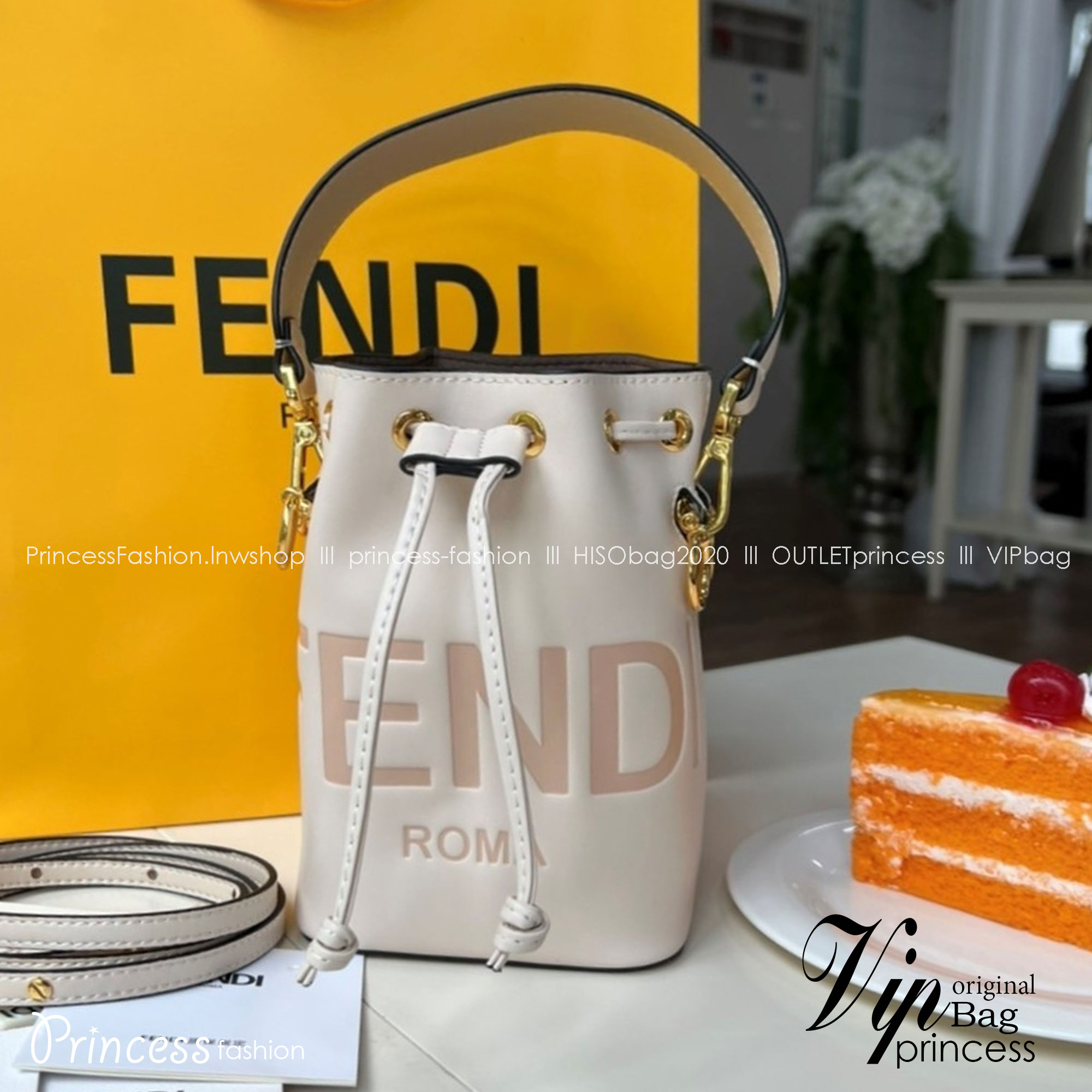 FENDI Mon Tresor Mini Leather Bucket Bag / FENDI Bucket Bag พร้อมส่ง กระเป๋าถือหรือสะพายข้างทรงบัคเก็ต ทรงขนมจีบ ลายแบรนด์ อะไหล่ทองหรูหรา