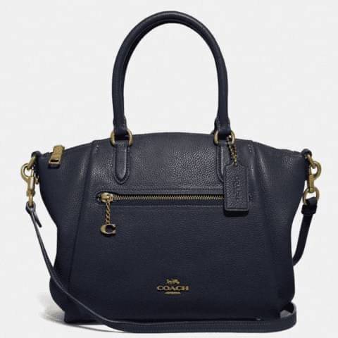 Coach Elise Satchel Polished pebble leather Inside zip and snap pockets Zip-top closure, fabric lining Handles