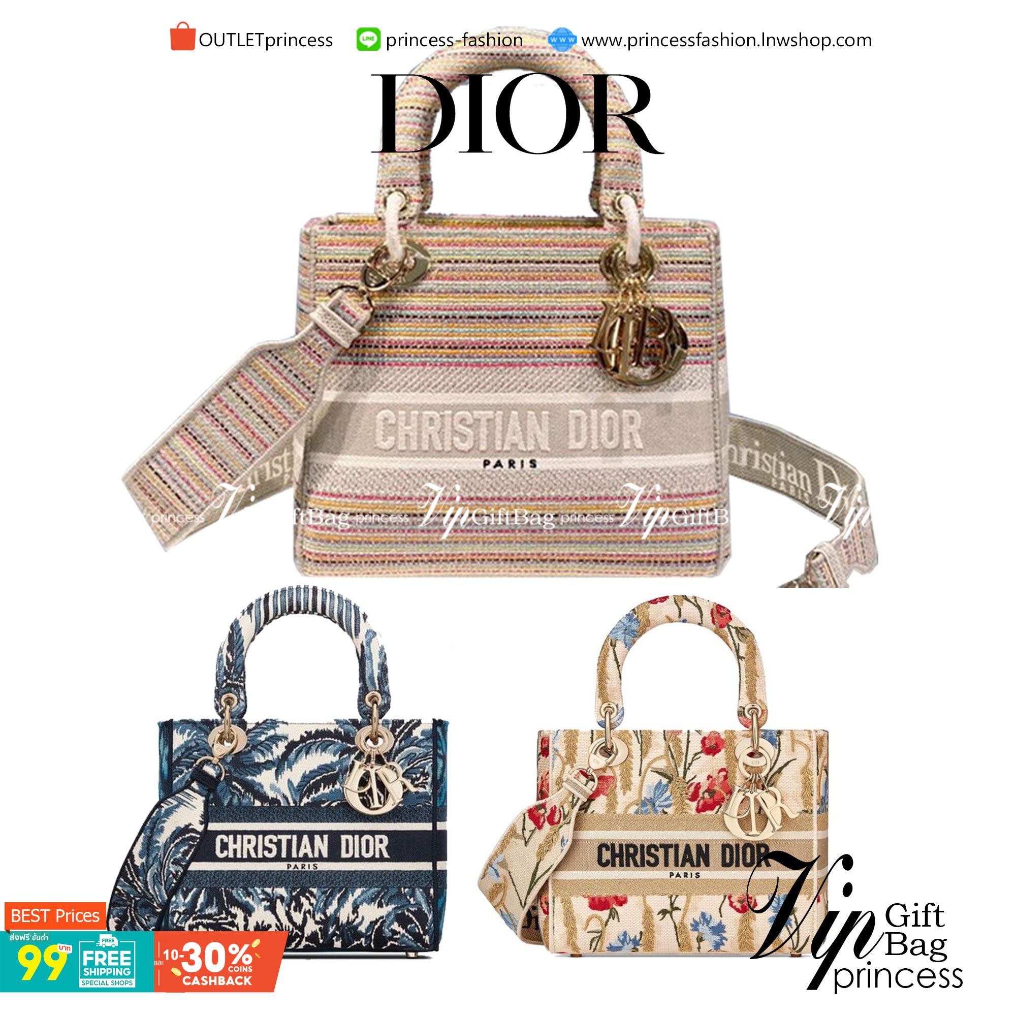 DIOR WOMEN MEDIUM LADY D-LITE BAG VIP GIFT WITH PURCHASE (GWP) พรีเมี่ยมกิ้ฟ Limited Edition จาก DIOR DUTYFREE COUNTER วัสดุหนังแท้ Calfskin หุ้มด้วยผ้า Cannage อีกชั้นและปักลวดลาย 'Dior Palm' กระเป๋า Lady D-Lite ผสมผสานความสง่างามและคลาสสิกที่เ