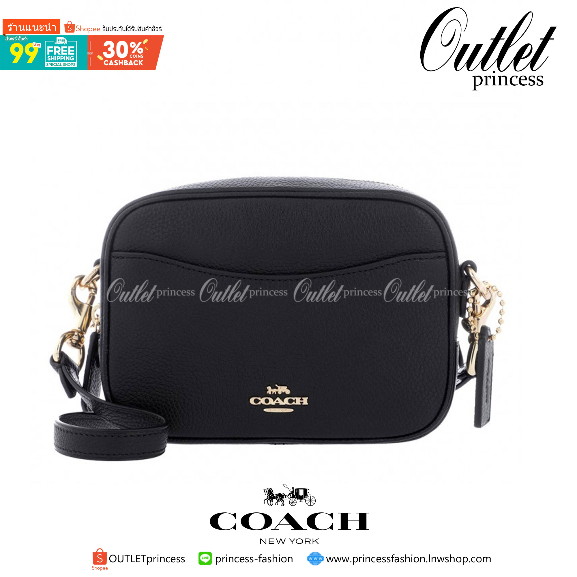 ของแท้ 💯% Coach CAMERA BAG 16 GD/BLACK size mini Polished pebble leather| Inside zip and multifunction pockets| Zip closure, fabric lining| Outside open pocket| Detachable strap