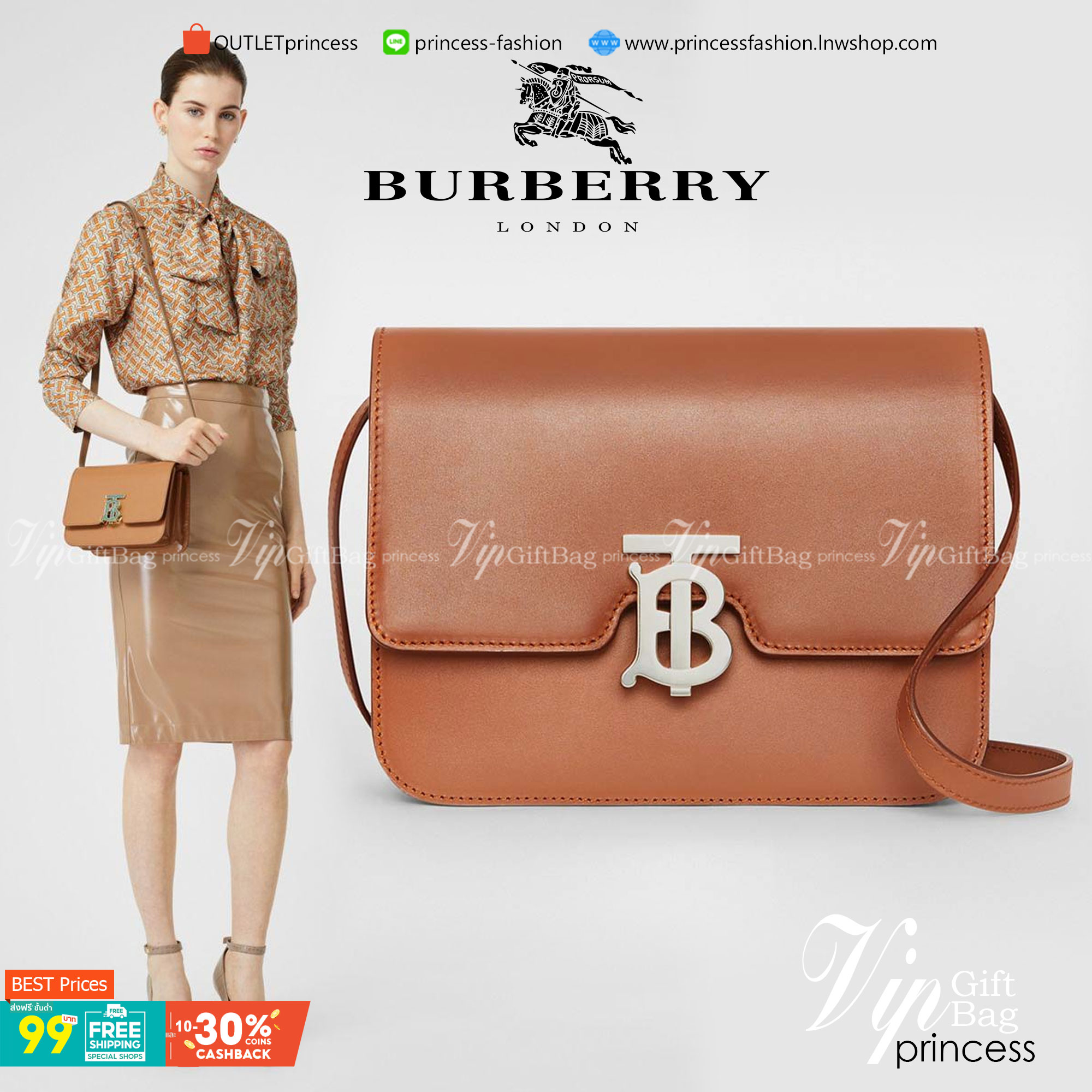 BURBERRY Leather Medium TB Bag / BURBERRY FRAGRANCES CROSSBODY BAG กระเป๋าสะพายหนังเรียบสวยอยู่ทรงดีไซน์ยอดนิยมประดับโลโก้แบรนด์ทองด้านหน้า เปิดปิดด้วยฝาปิดสัญลักษณ์ตัวB ภายในมีช่องแบ่งเป็นสัดส่วนมีช่องซิปหัวซิปแบรนด์