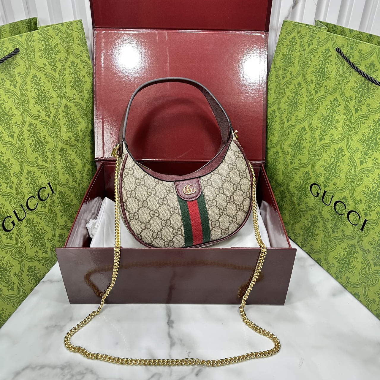 ORI หนังแท้ | Gucci Ophidia small shoulder bag / Gucci Hobo Bag กระเป๋าสะพายทรงโฮโบรูปพระจันทร์ มอบชีวิตชีวาให้กับมรดกของแบรนด์ด้วยแถบ Web