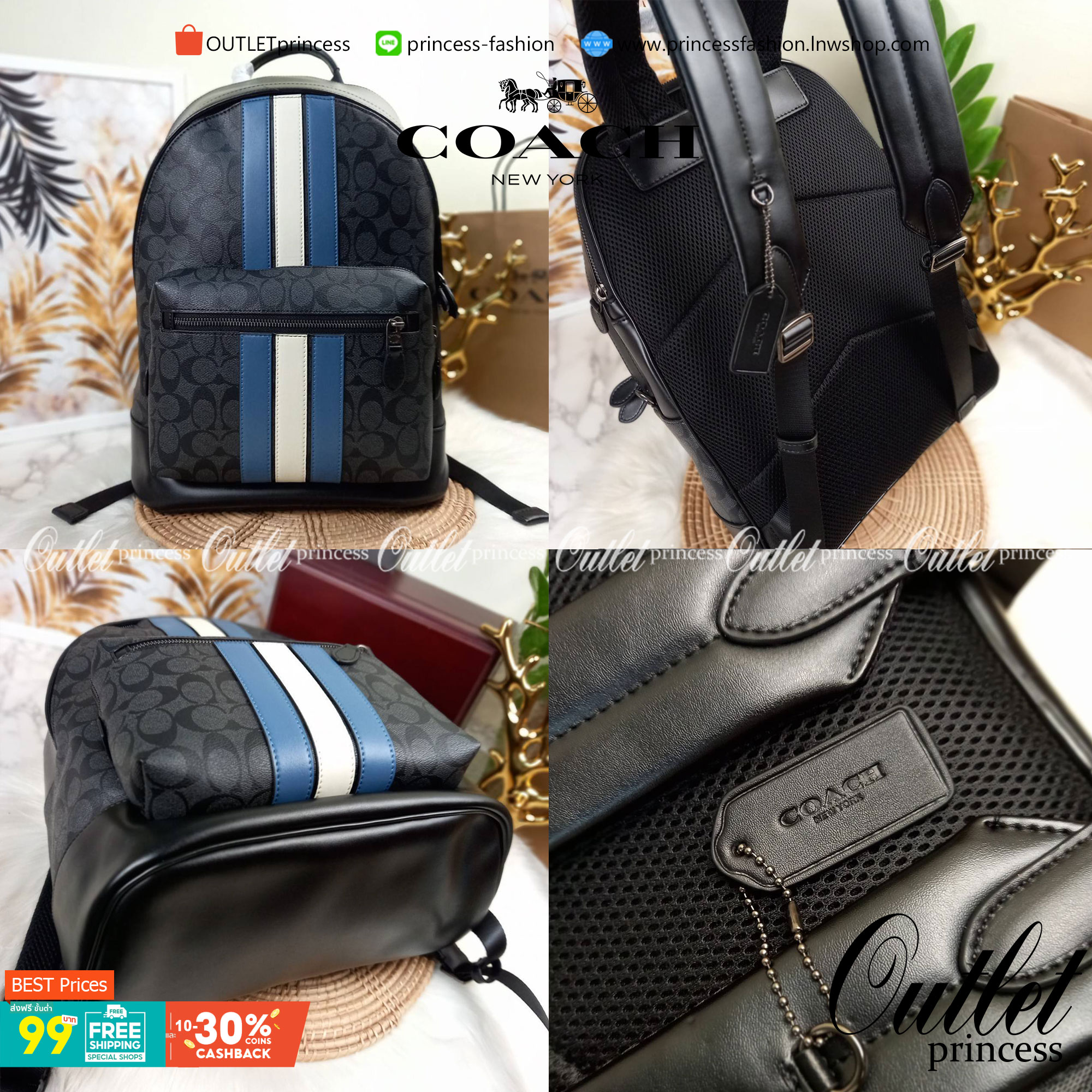 COACH WEST BACKPACK IN SIGNATURE CANVAS WITH VARSITY STRIPE (COACH 3001)😎กระเป๋าเป้ กระเป๋าสะพาย รุ่นหายาก ที่มีมาไม่บ่อย// วัสดุแคนวาส ผสมหนังแท้ หนังนิ่ม ทรงสวย จุของได้เยอะ ลาย SIGNATURE โดดเด่น ดูดีม๊าก!!// มีช่องหลัก แยกเป็น 2 ช่อง สามารถแยกเ