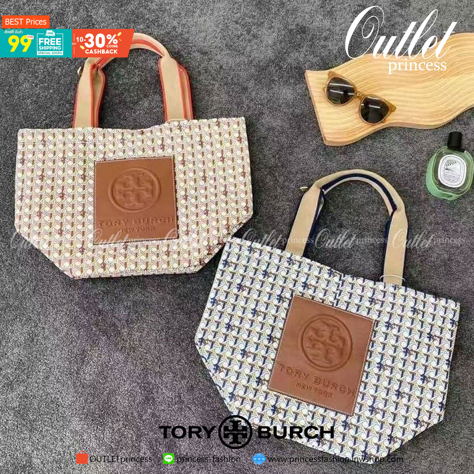 Tory Burch Printed Small Tote Bag กระเป๋าถือแบรนด์ทอรี่เบิร์ช ลายปริ้นท์สวยๆ ด้านหน้าเป็น brown logo patch embossed ป้ายหนังแท้สีน้ำตาล ปั๊มนูนโลโก้เป็นเทกเจอร์ วัสดุ100%recycled polyester คอลเลคชั่นใหม่สำหรับฤดูกาลนี้ สามารถบรรจุของได้หลากหลาย ทั้งยังมีด