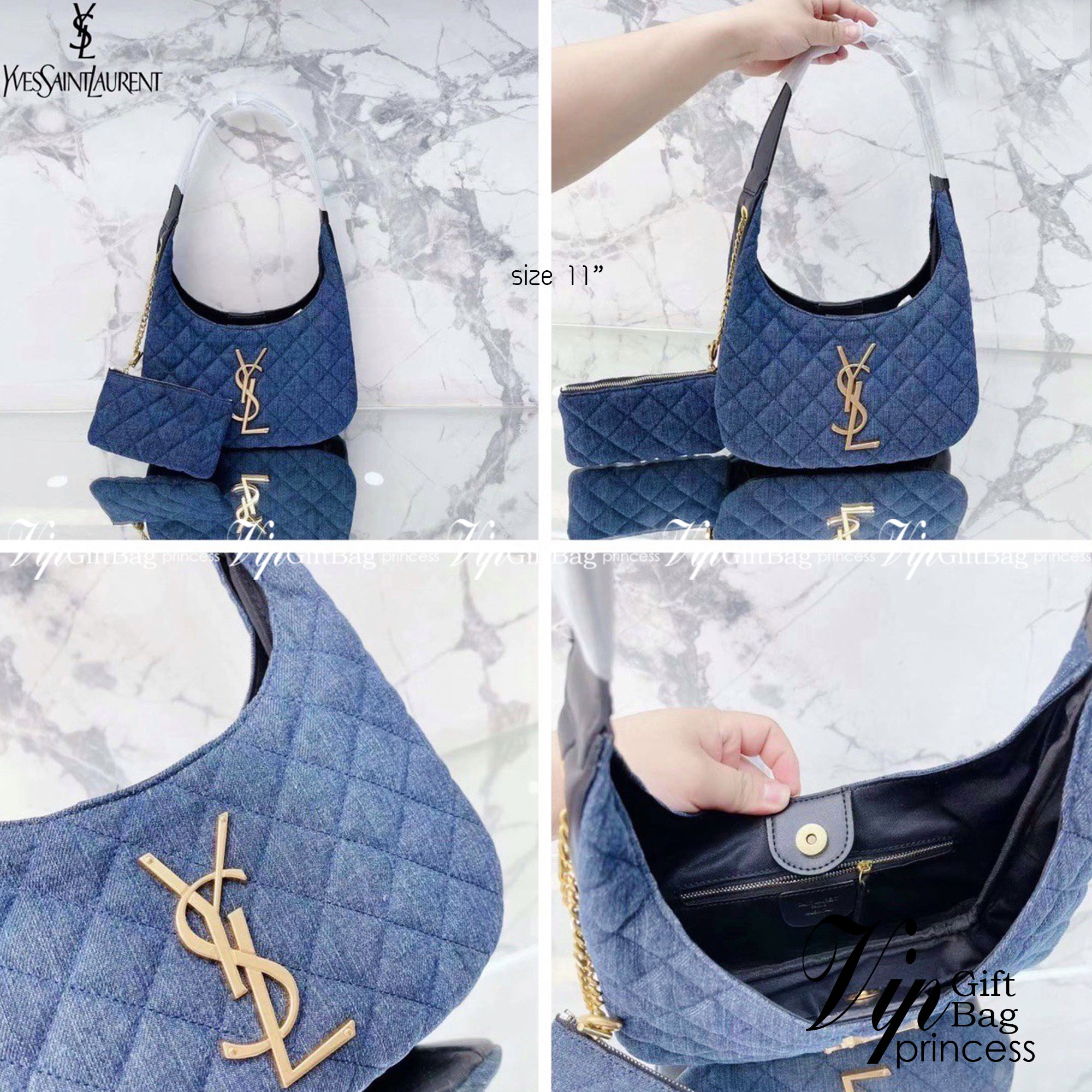 YSL Icare Maxi Shopping Bag In Quilted Lambskin 11" / YSL Icare Maxi Denim กระเป๋าสะพายขนาดกะทัดรัด มาพร้อมใบเล็ก หนังบุเย็บลายตาข่าย (Quilted Bag) ดีไซน์โฉบเฉี่ยวกว่าหลายระดับด้วยการประดับฮาร์ดแวร์ทองเหลืองในตัวอักษร Y.S.L สะดุดตา มอบสไตล์เรียบง่ายแ