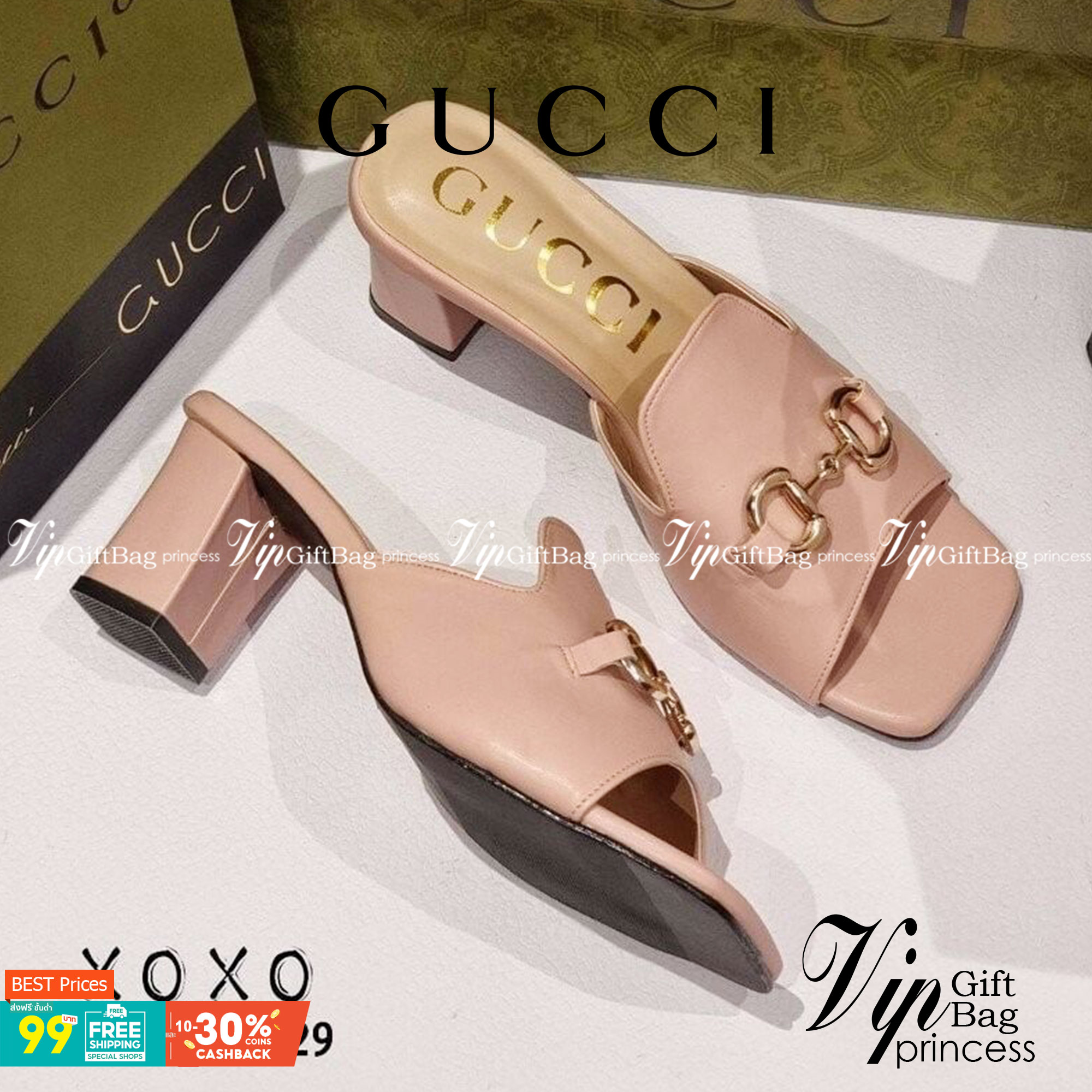 Gucci Mid Heel รองเท้าส้นกลาง 3 นิ้ว งานสวม สวย เก๋ วัสดุหนัง PU ทรงเปิด ด้านบนติดอะไหล่สีทอง ส้นแท่ง ยื่น เดิน ใช้งานง่าย น้ำหนักเบา แมทส์ชุดง่าย