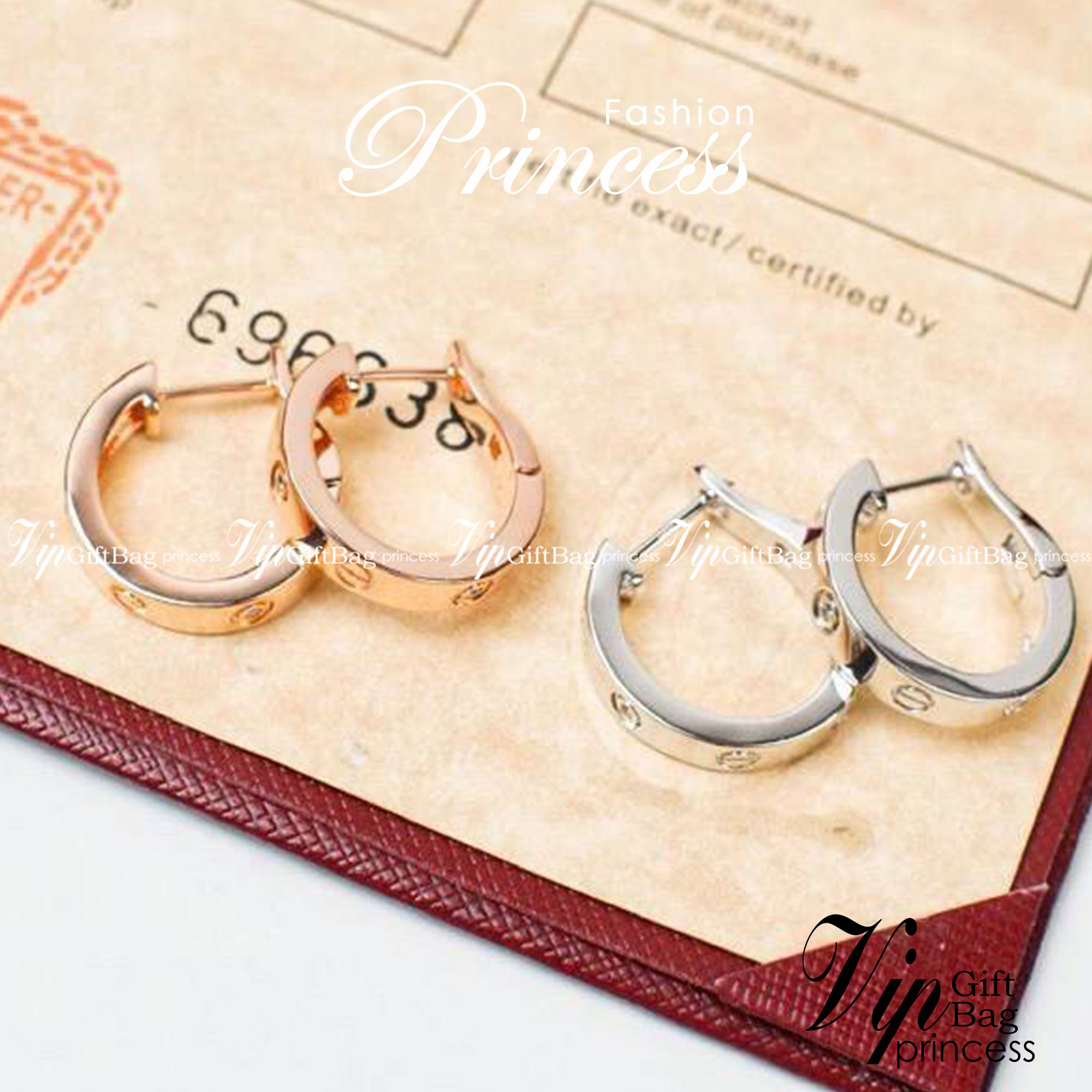 Cartier love earring ต่างหูคาเทียร์ รุ่น LOVE ไม่มีเพชร พร้อมกล่อง ภาพถ่ายจากงานจริง งานปั้มวัสดุโลหะเคลือบขึ้นเงาตามรูป ใช้งานต่างประเทศได้