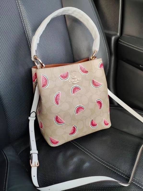 OUTTLET 】COACH SMALL TOWN BUCKET BAG IN SIGNATURE CANVAS WITH WATERMELON PRINT
