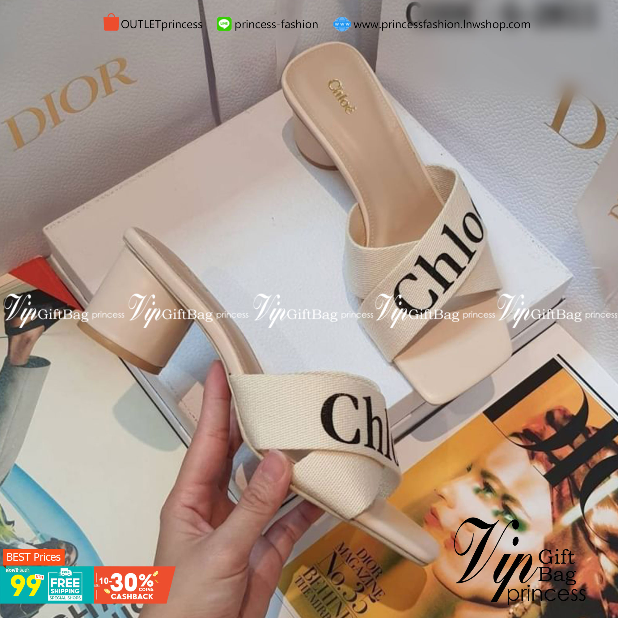 Chloe' รองเท้า งานสวม ไค้วครอสเอ็กซ์ วัสดุสายคาดผ้าแคนวาสตีแบรนด์ ตัวหุ่มหนังPU ส้นทรงกระบอกทรงกลม แมทส์ชุดง่าย ใส่สบาย