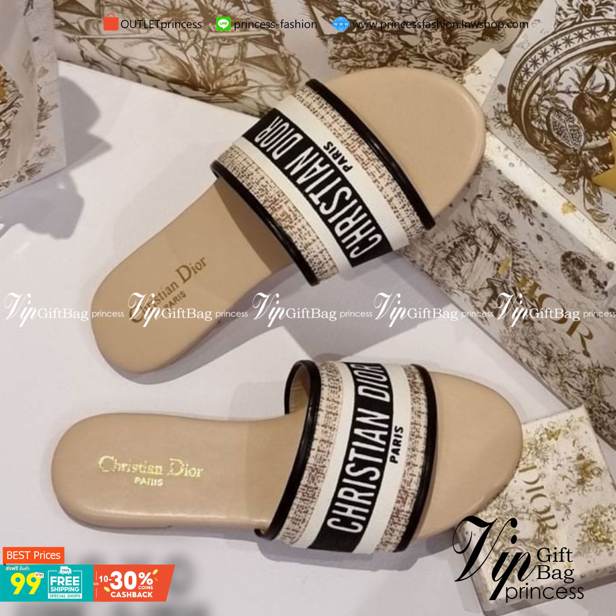 Christian Dior รองเท้า งานสวม วัสดุผ้าทวีส ด้านหน้า มีโลโก้แบรนด์ว่าง สวย เก๋ ชนช้อป แมทส์ชุดง่าย น้ำหนักเบา