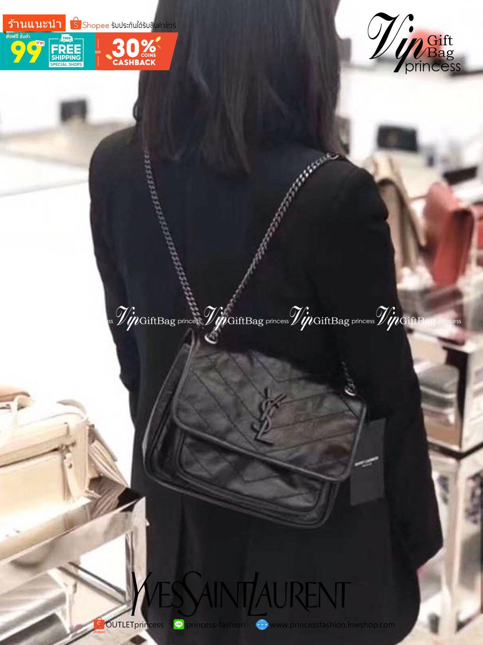 VIP 】Saint Laurent Niki shoulder bag VIP GIFT WITH PURCHASE (GWP) พรีเมี่ยมกิ้ฟ Limited Edition จาก YSL DUTY FREE COUNTER กระเป๋าสะพายรุ่น Niki จาก Saint Laurent โดดเด่นด้วยโครงสร้างทำจากหนังวัว หนังมันเงา นิ่ม งานสวยมากๆ ค่ะ อะไหล่สีดำ ด้านหน้าประดับโลโก