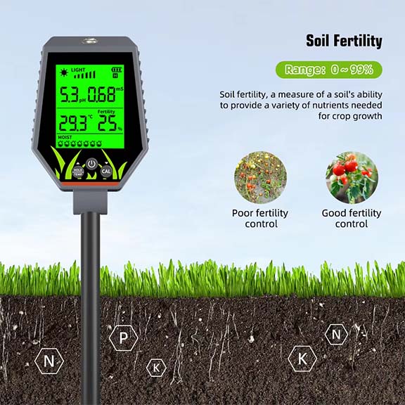 เครื่องวัดดิน วัดน้ำ แบบ 6in1 ใช้วัด pH / EC ในดิน และน้ำ ความสมบูรณ์ดิน, ความเค็มดิน, ความชื้นดิน, อุณหภูมื และค่าแสง