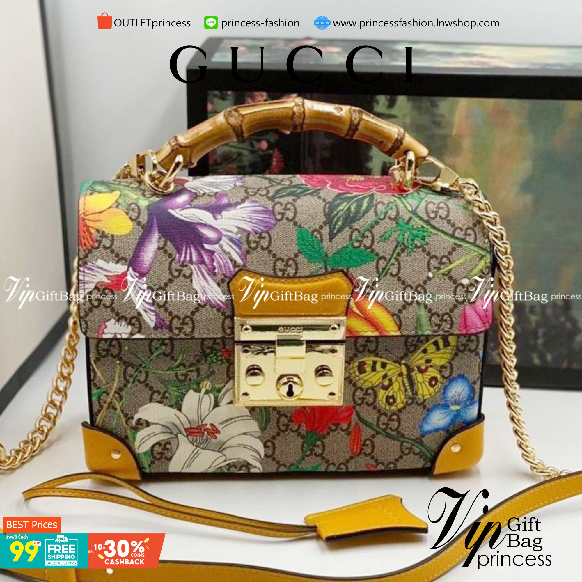 VIP 】หนังแท้ GUCCI MULTICOLOR SMALL GG FLORA BAMBOO PADLOCK BAG พร้อมส่งที่ไทย
