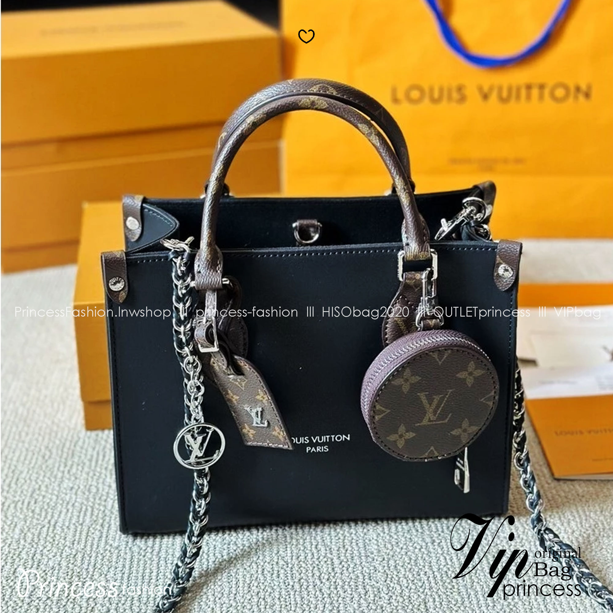 LV Onthego Leather Tote Bag กระเป๋าทรงโท้ทดีไซน์ใหม่ สีดำสุดคลาสสิก พร้อมสายสะพายโซ่ร้อยหนังสีดำเข้าเซ็ทและใบลูกลายโมโนแกรมตัดสีกันได้อย่างลงตัว ตอบโจทย์ได้ทุกลุค ทุกสไตล์